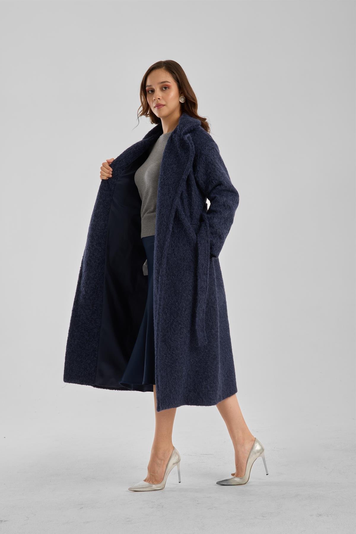 Lacivert Buklet Kaşe Oversize Kaban