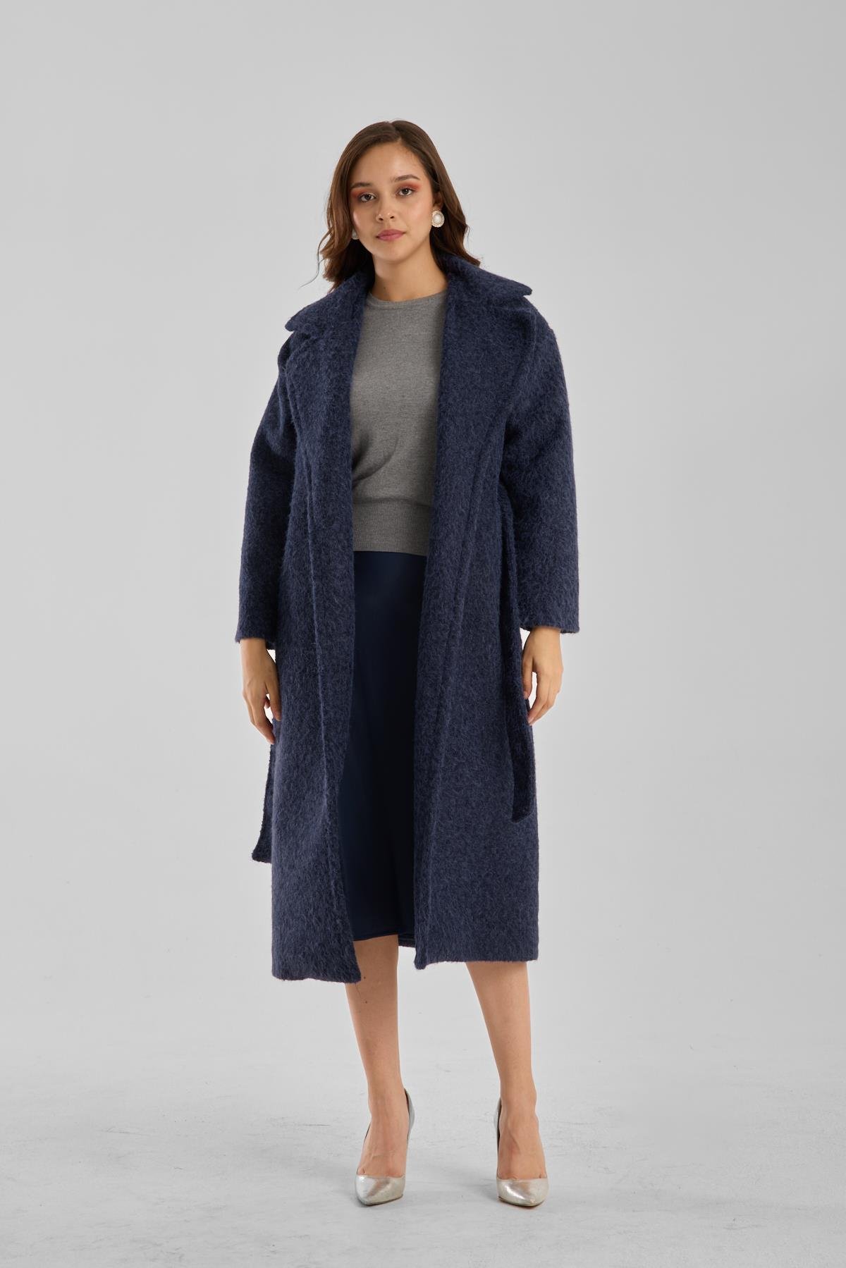 Lacivert Buklet Kaşe Oversize Kaban