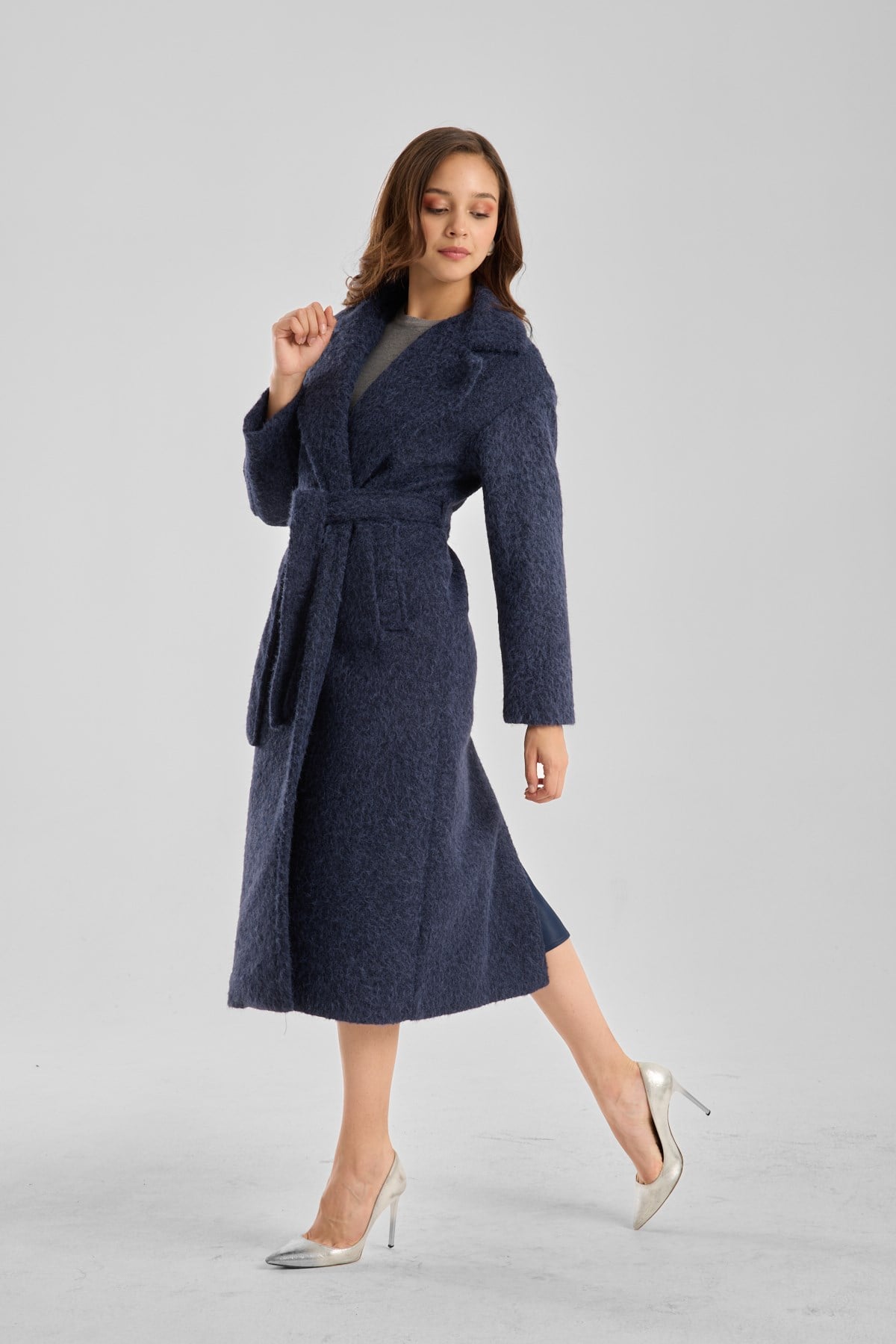 Lacivert Buklet Kaşe Oversize Kaban
