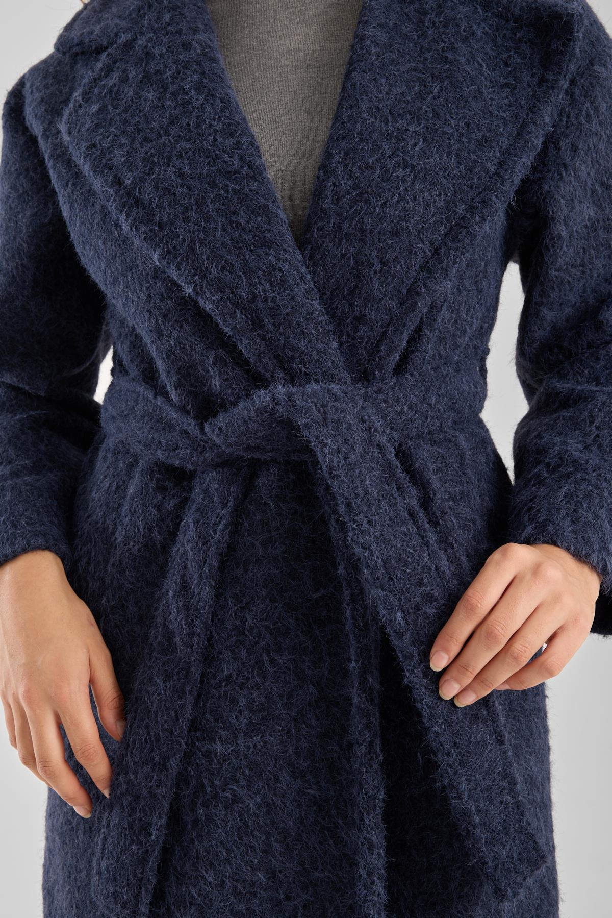 Lacivert Buklet Kaşe Oversize Kaban