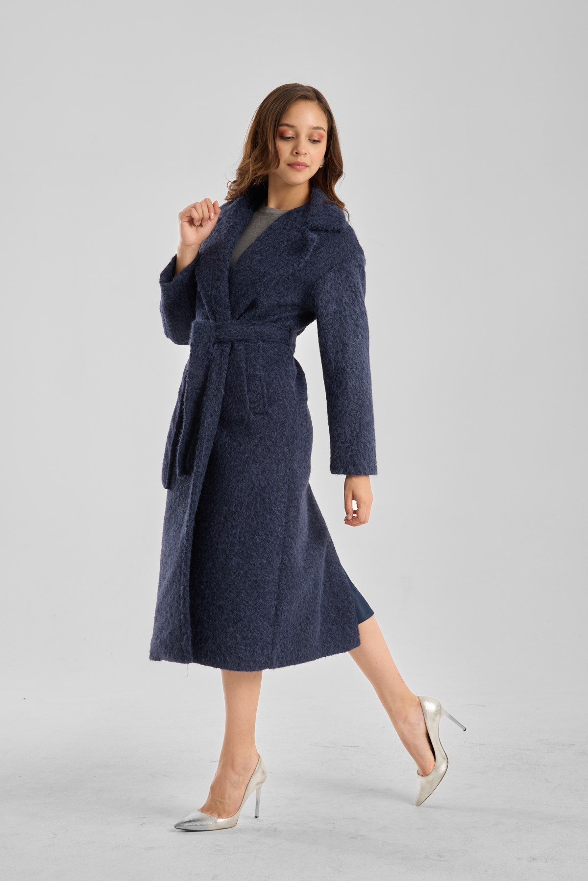 Lacivert Buklet Kaşe Oversize Kaban