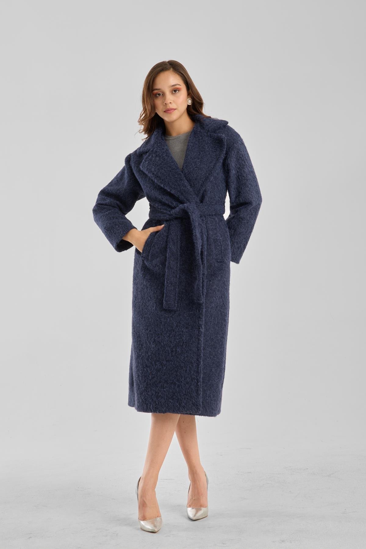 Lacivert Buklet Kaşe Oversize Kaban