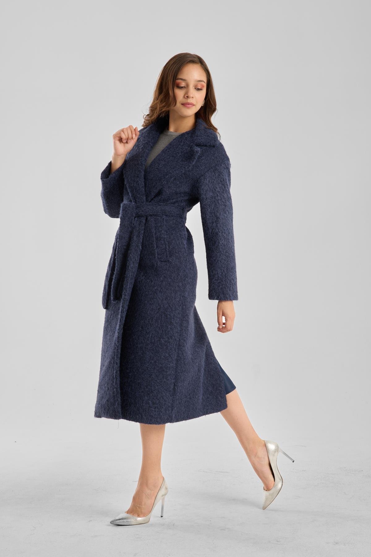 Lacivert Buklet Kaşe Oversize Kaban