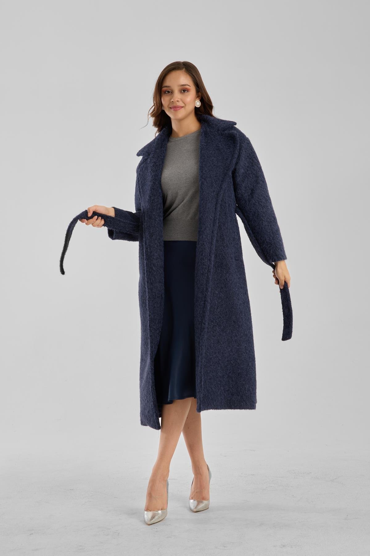 Lacivert Buklet Kaşe Oversize Kaban
