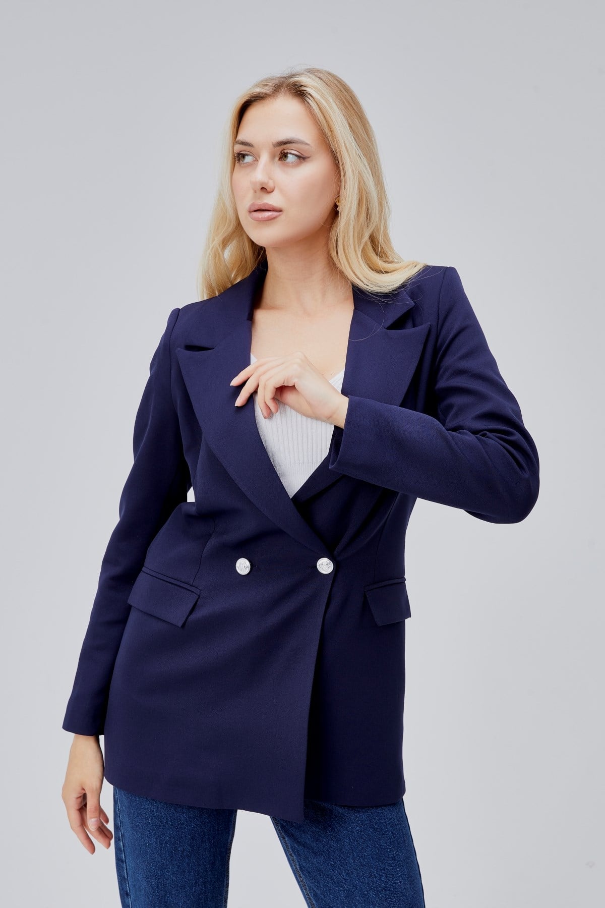 Lacivert Oversize Dokuma Blazer Ceket