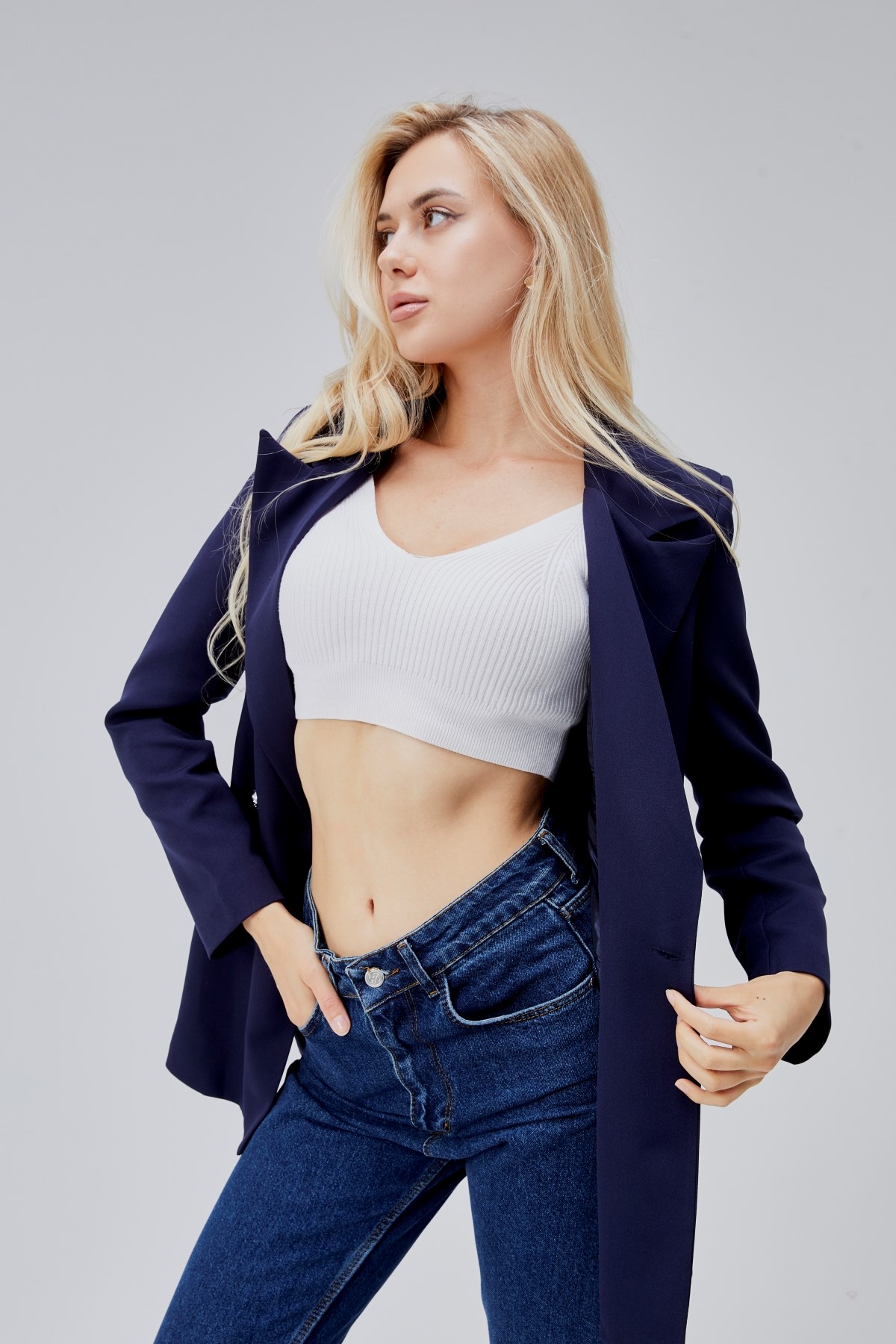 Lacivert Oversize Dokuma Blazer Ceket