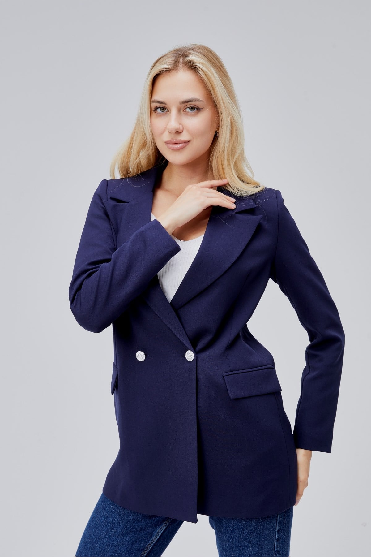 Lacivert Oversize Dokuma Blazer Ceket