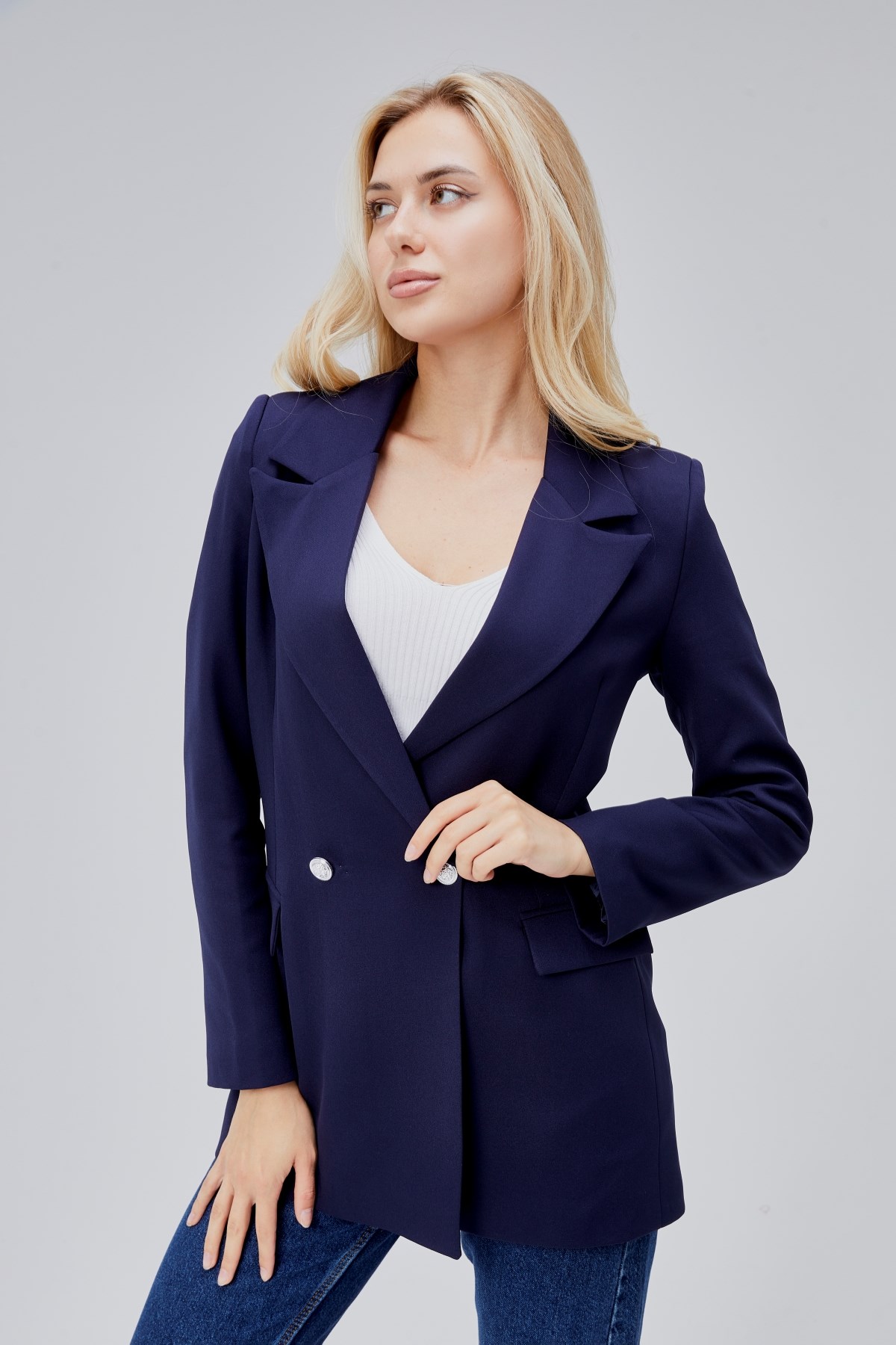 Lacivert Oversize Dokuma Blazer Ceket