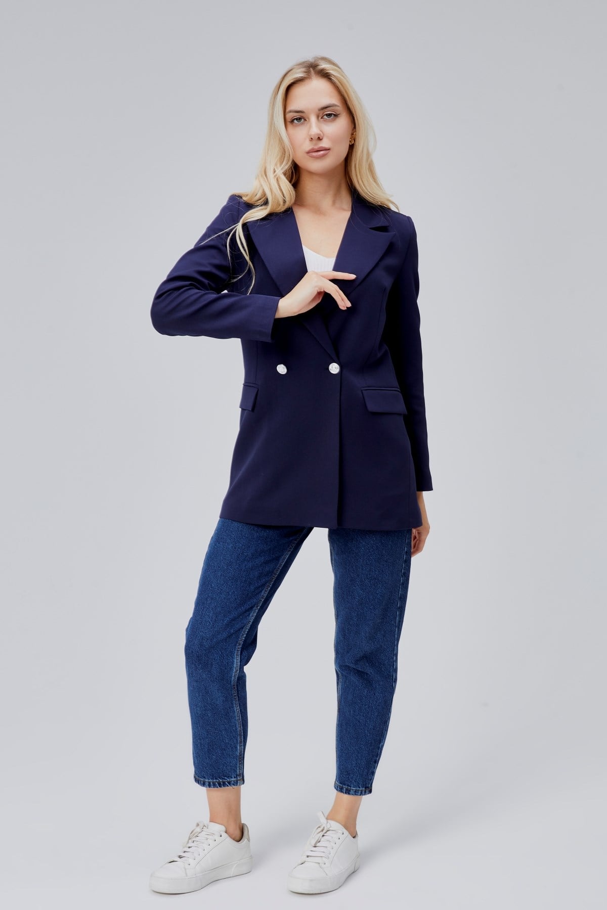 Lacivert Oversize Dokuma Blazer Ceket