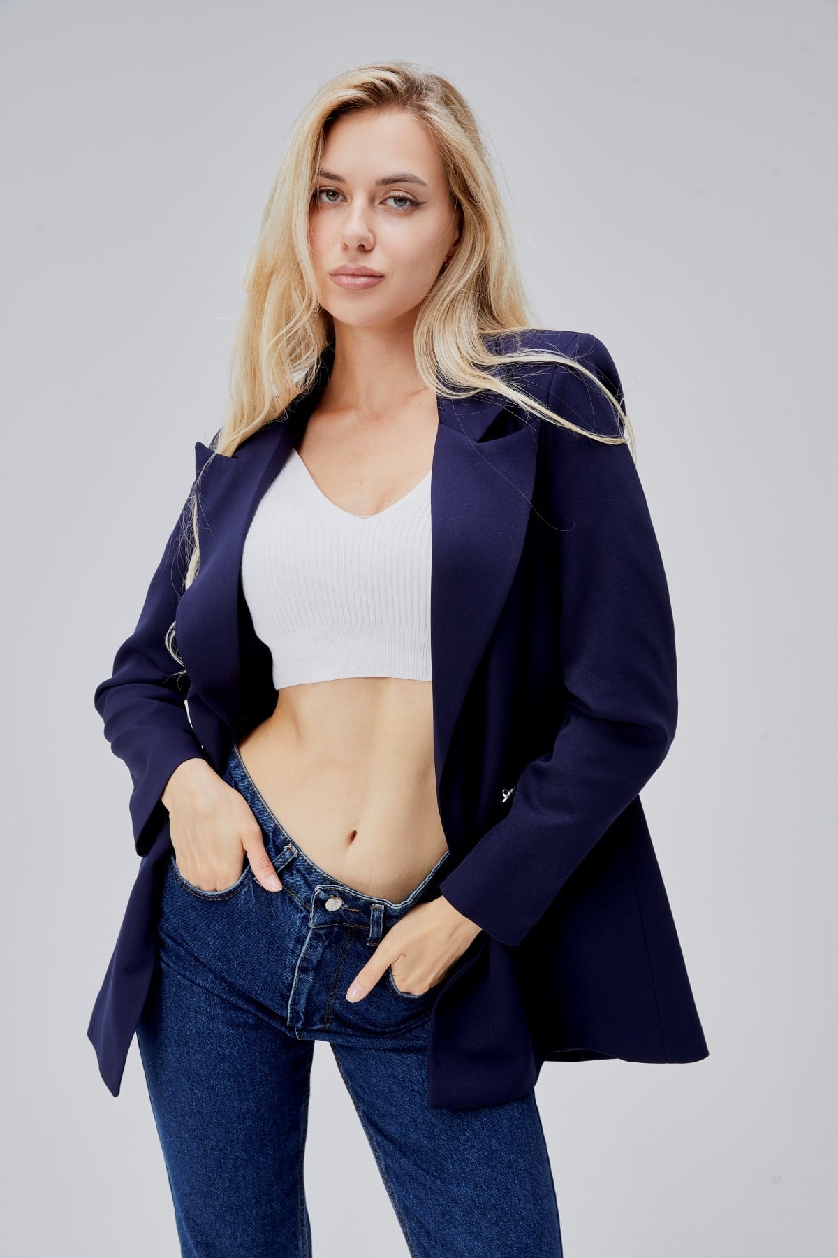 Lacivert Oversize Dokuma Blazer Ceket