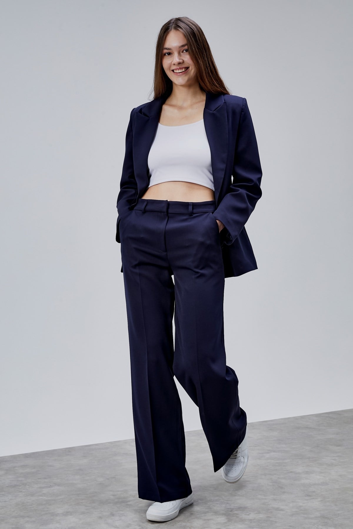 Lacivert Palazzo Pantolon Blazer Ceket Takım
