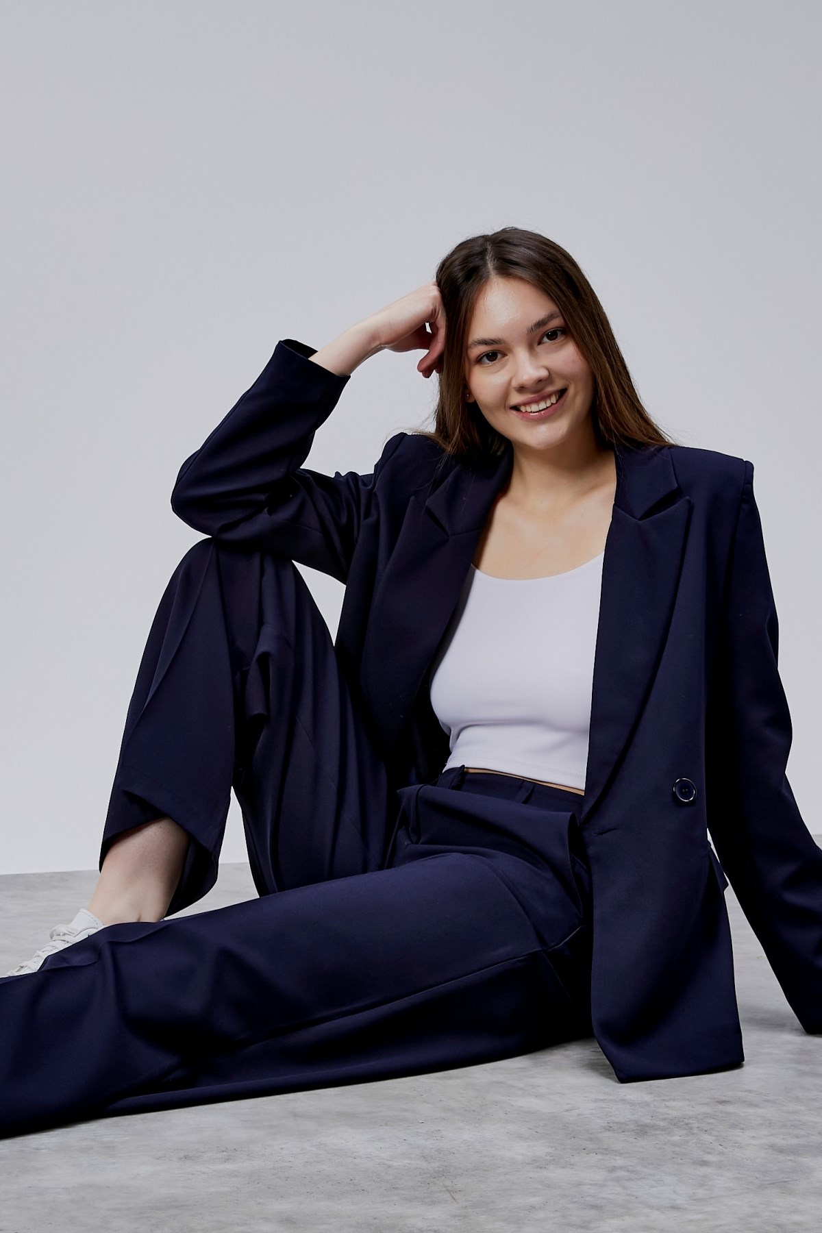 Lacivert Palazzo Pantolon Blazer Ceket Takım