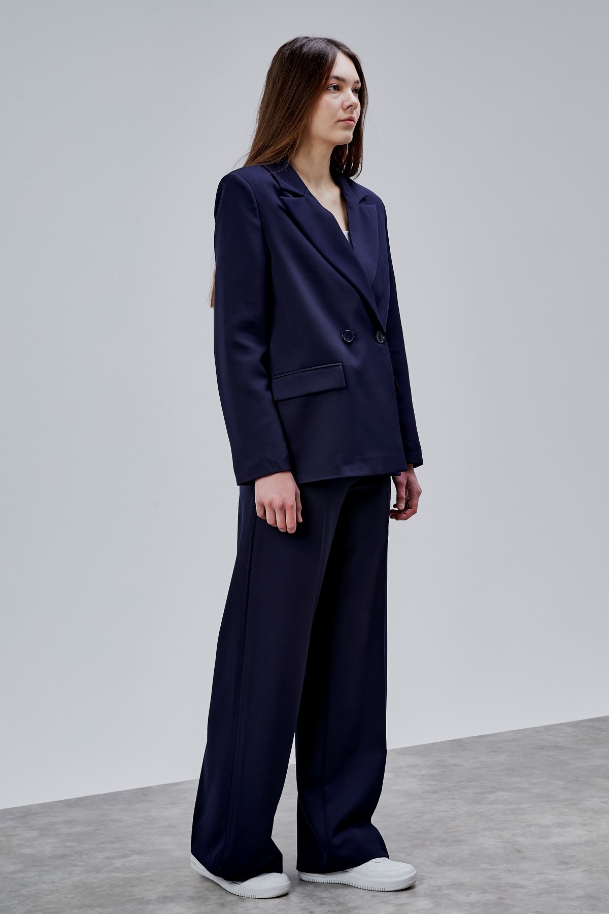 Lacivert Palazzo Pantolon Blazer Ceket Takım
