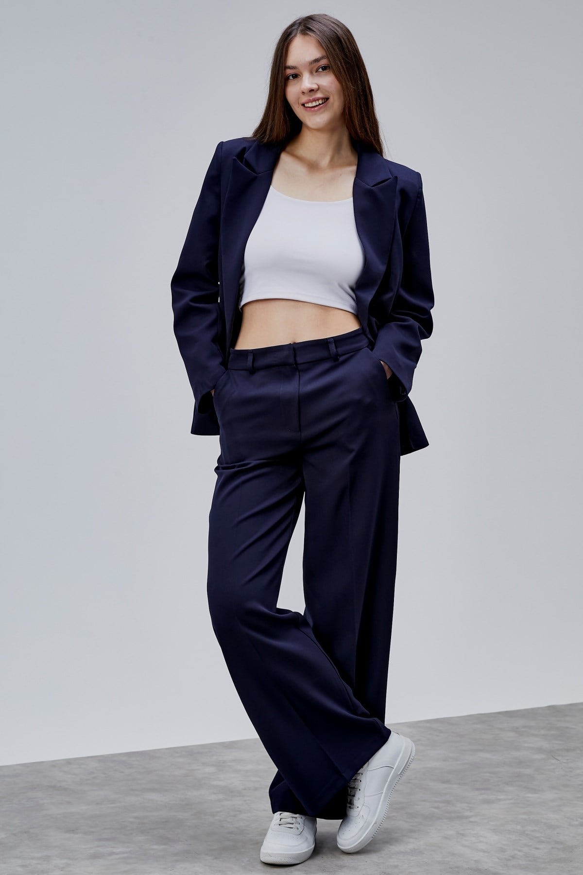 Lacivert Palazzo Pantolon Blazer Ceket Takım