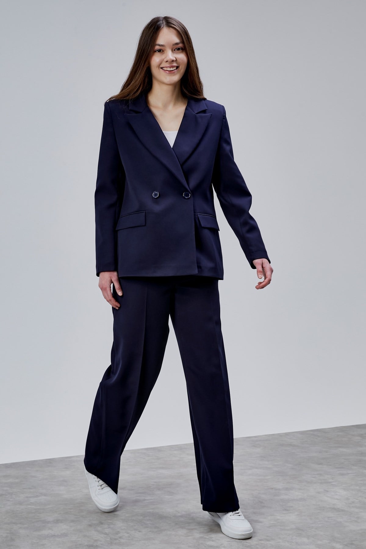 Lacivert Palazzo Pantolon Blazer Ceket Takım