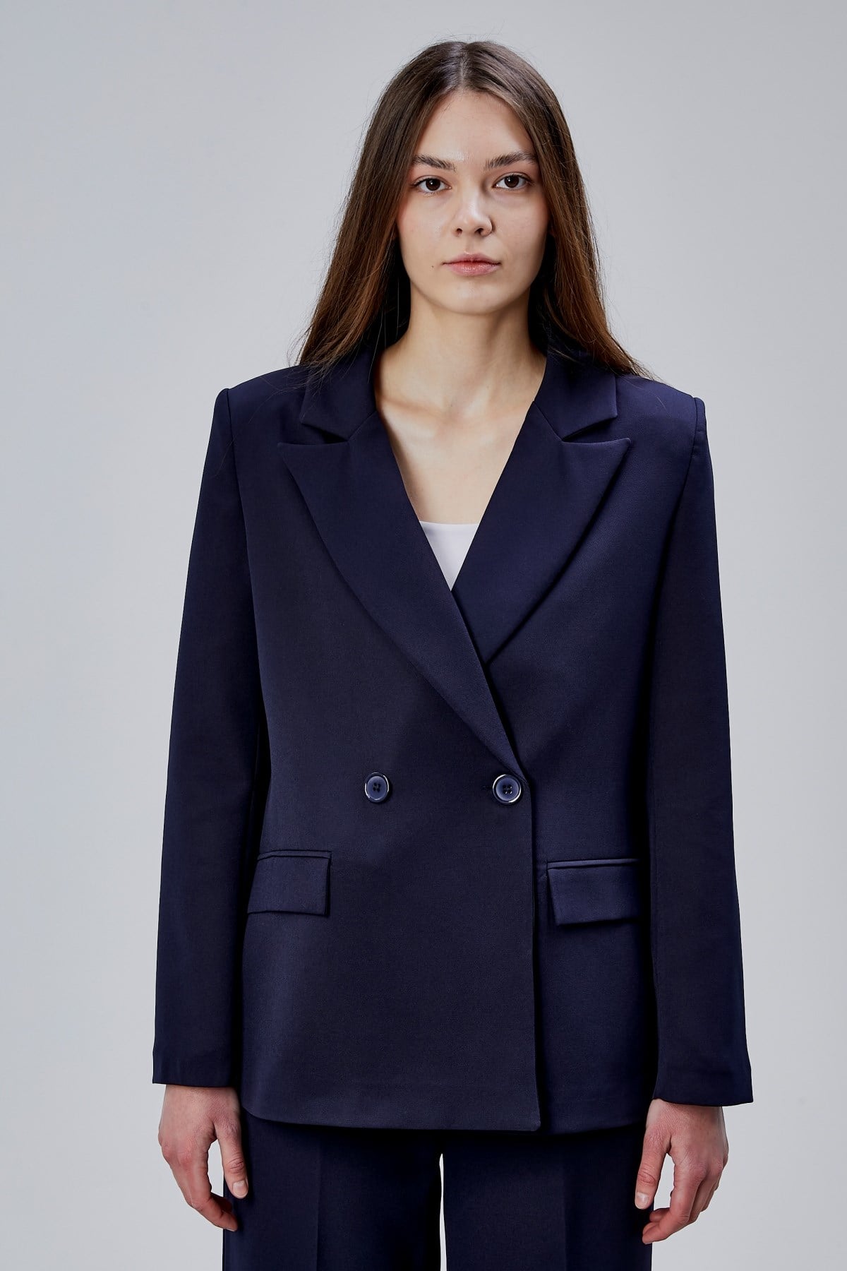 Lacivert Palazzo Pantolon Blazer Ceket Takım