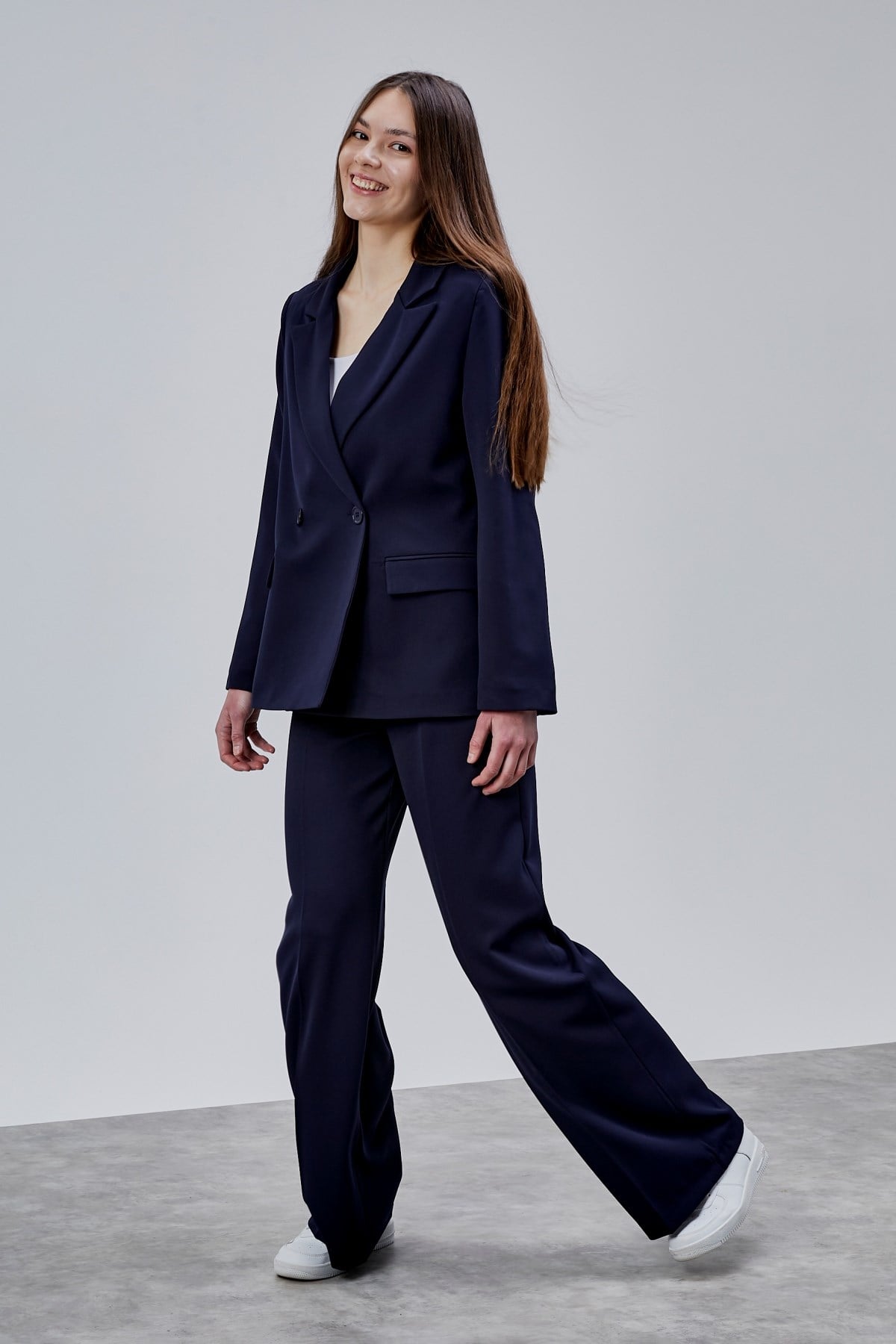 Lacivert Palazzo Pantolon Blazer Ceket Takım