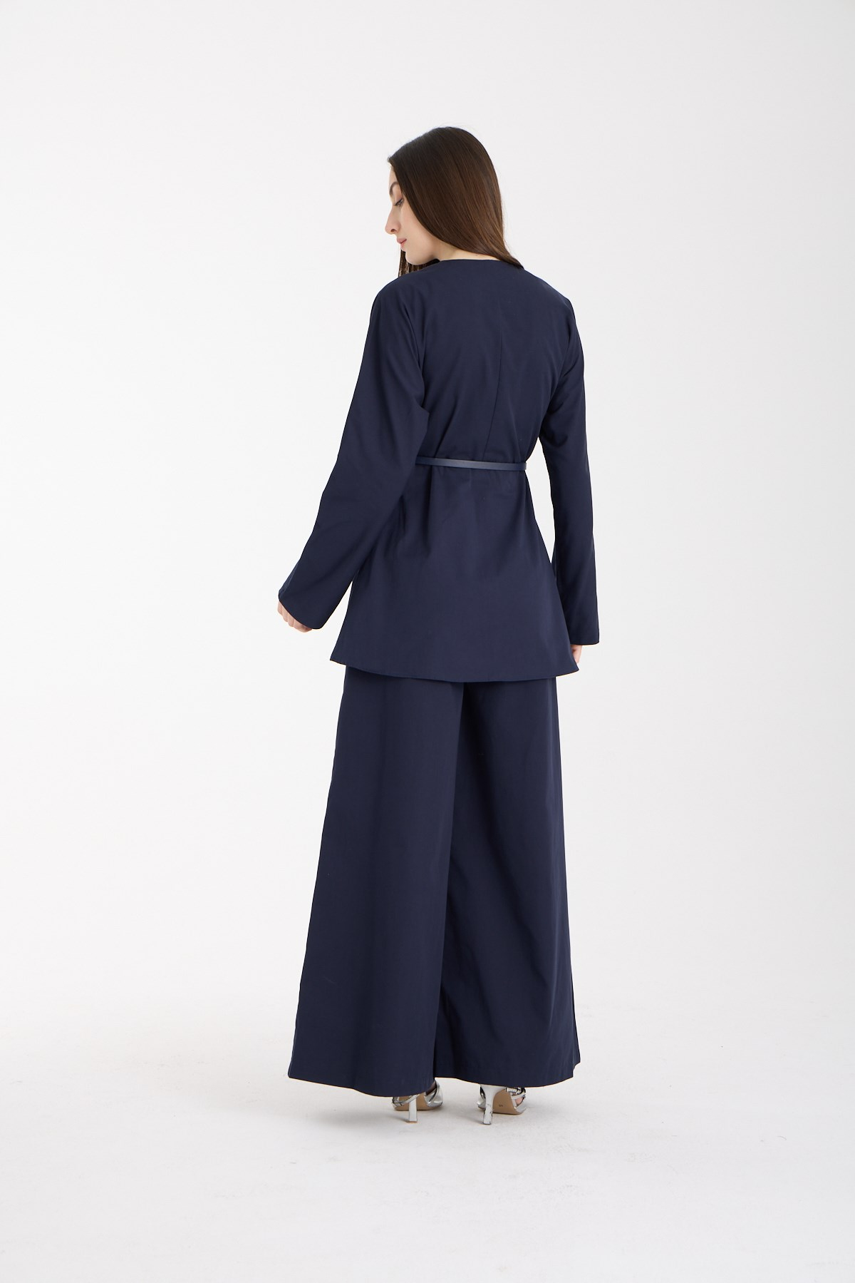 Lacivert Premium Kemerli Bluz ve Pantolon Takım