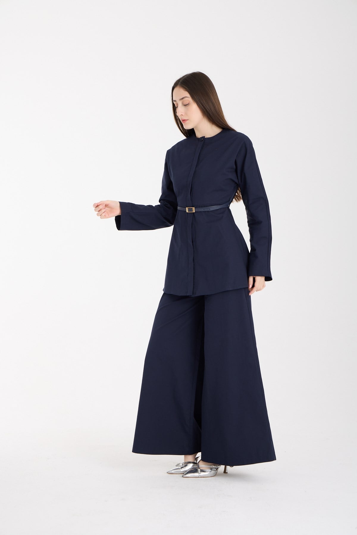 Lacivert Premium Kemerli Bluz ve Pantolon Takım