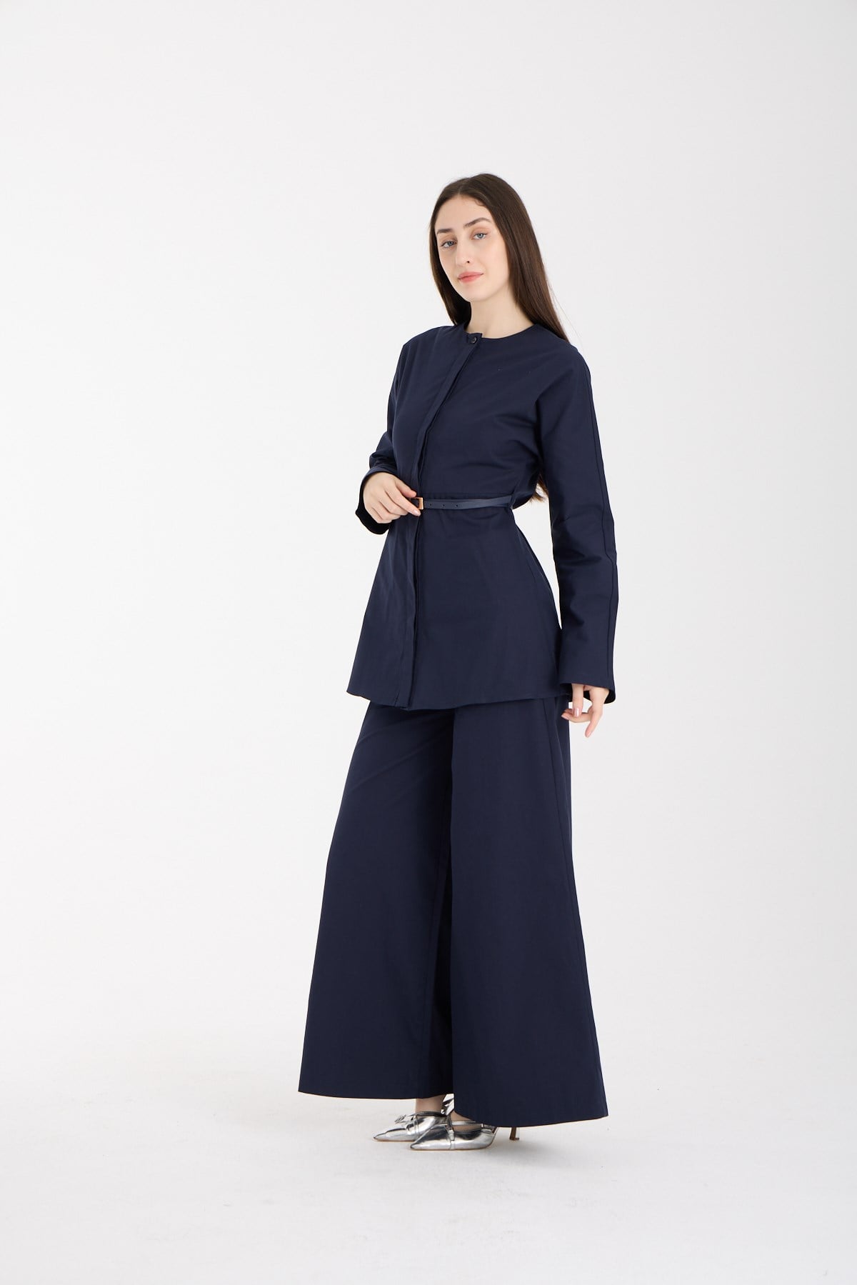 Lacivert Premium Kemerli Bluz ve Pantolon Takım
