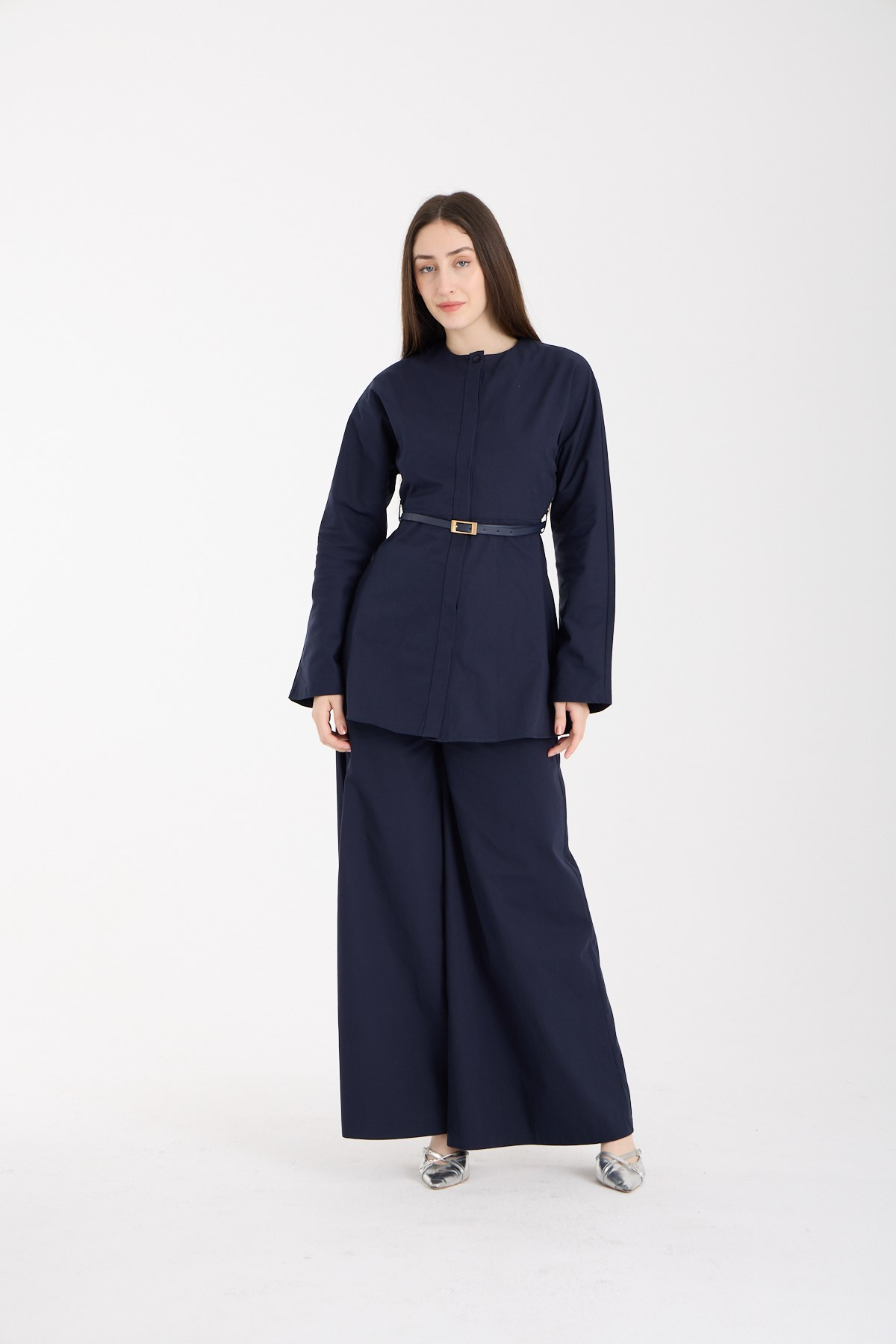 Lacivert Premium Kemerli Bluz ve Pantolon Takım