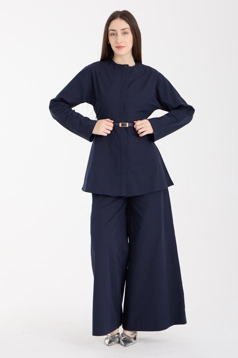 Lacivert Premium Kemerli Bluz ve Pantolon Takım