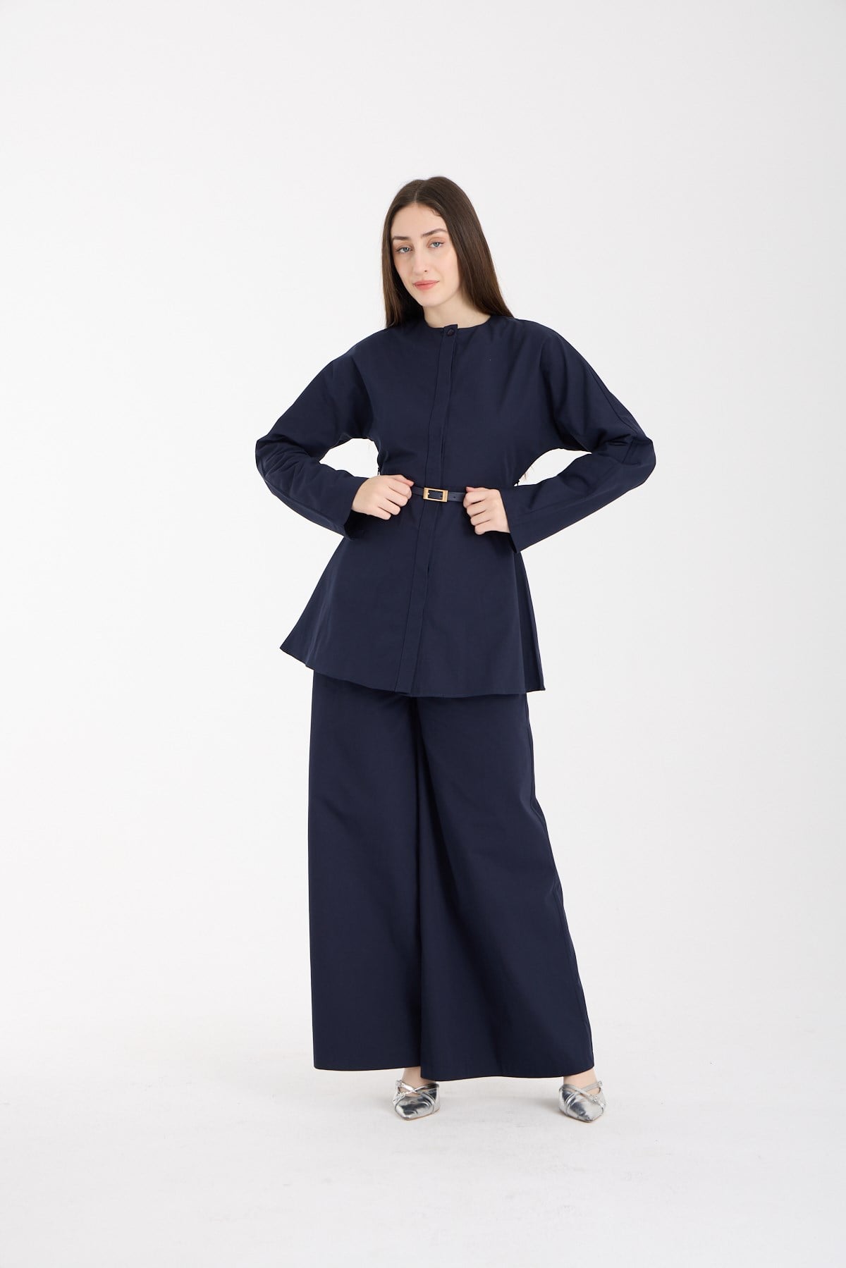Lacivert Premium Kemerli Bluz ve Pantolon Takım
