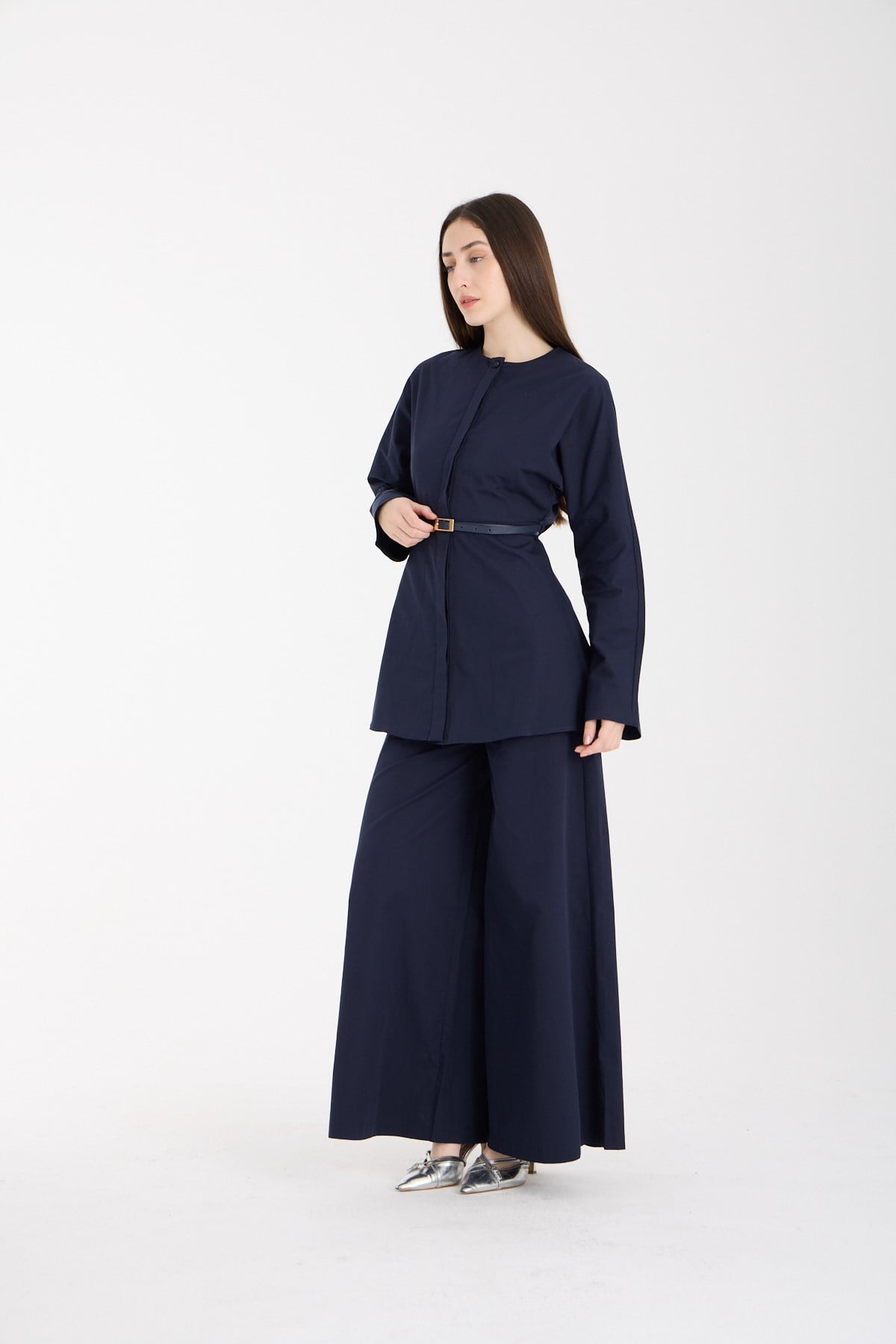 Lacivert Premium Kemerli Bluz ve Pantolon Takım