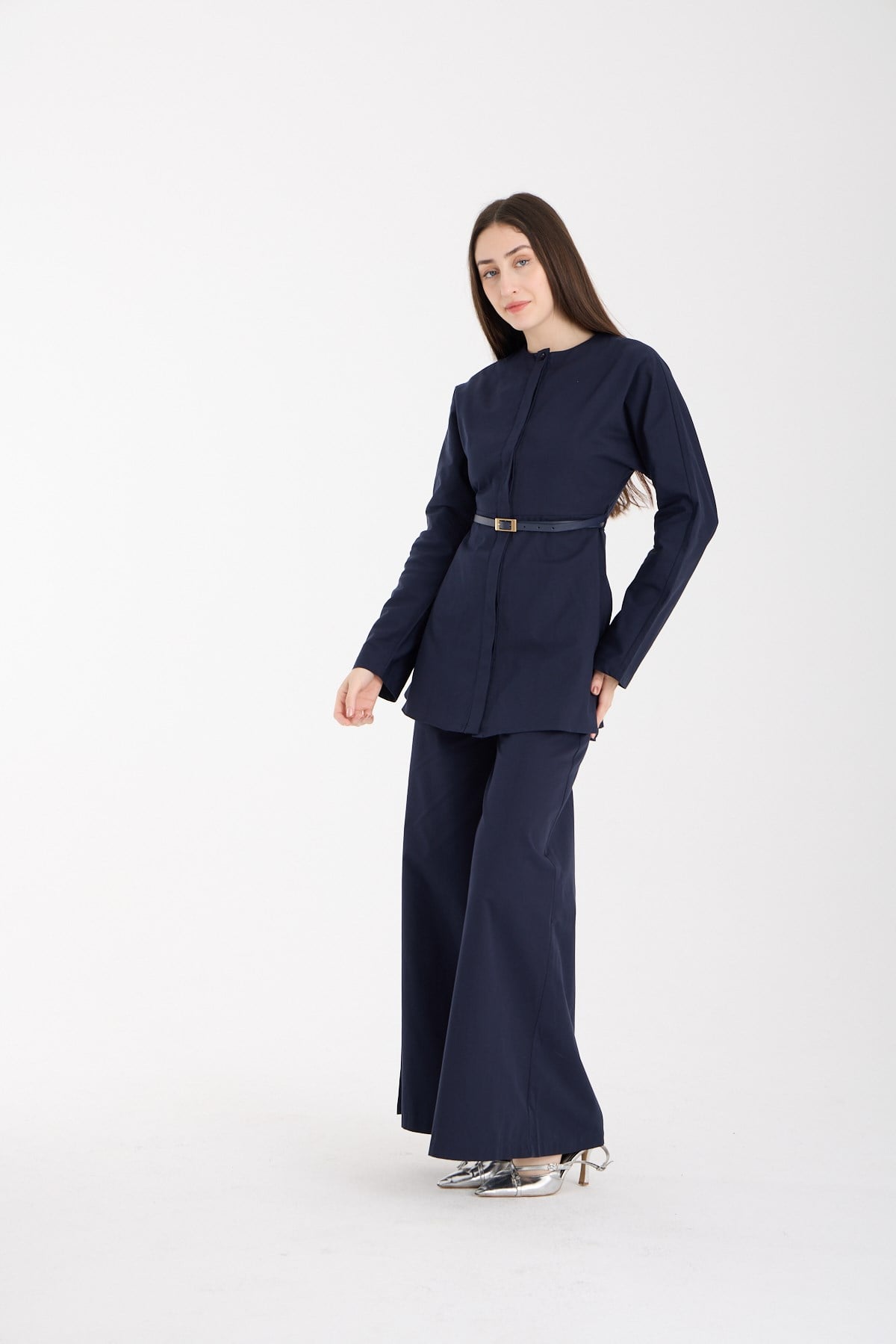 Lacivert Premium Kemerli Bluz ve Pantolon Takım