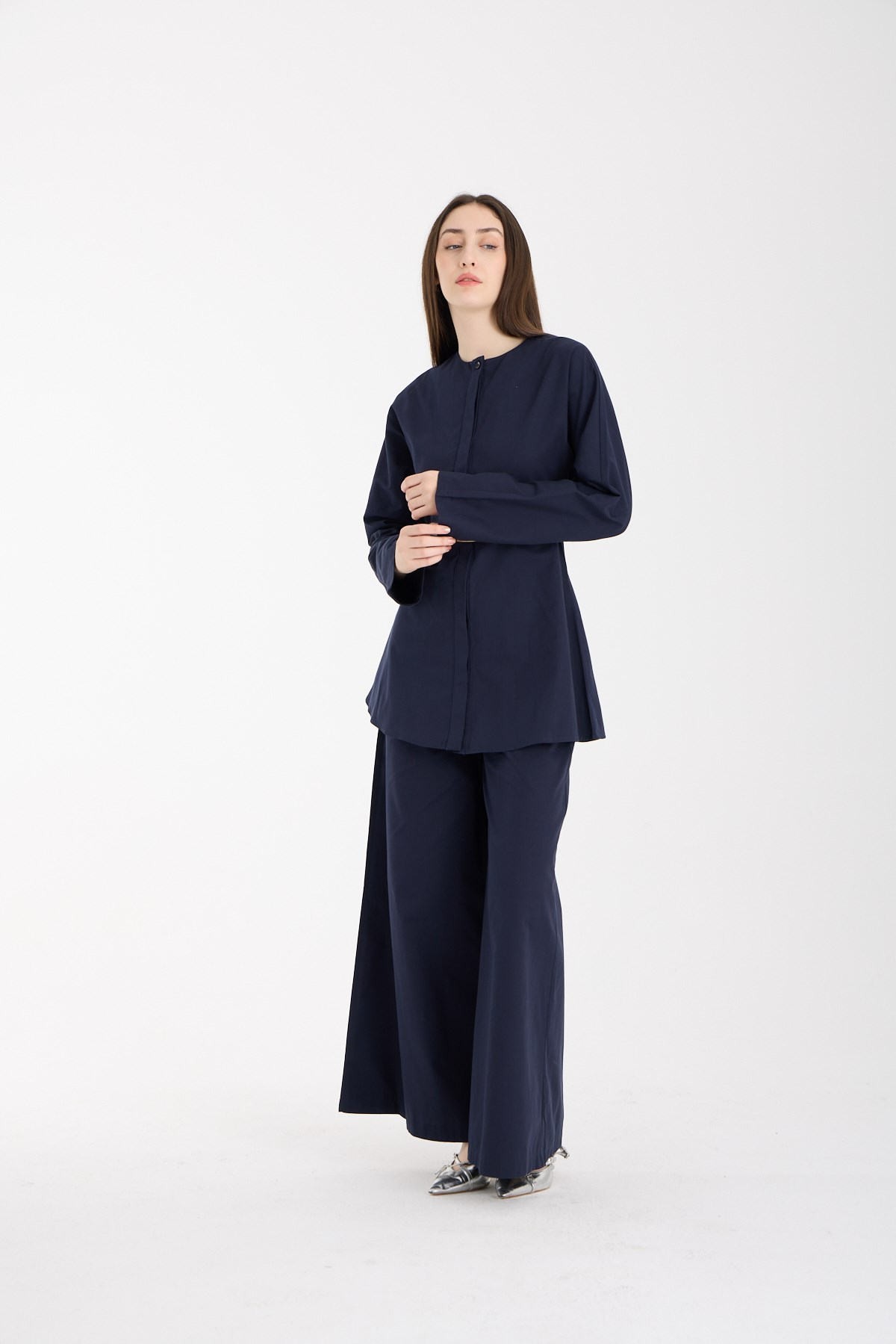 Lacivert Premium Kemerli Bluz ve Pantolon Takım