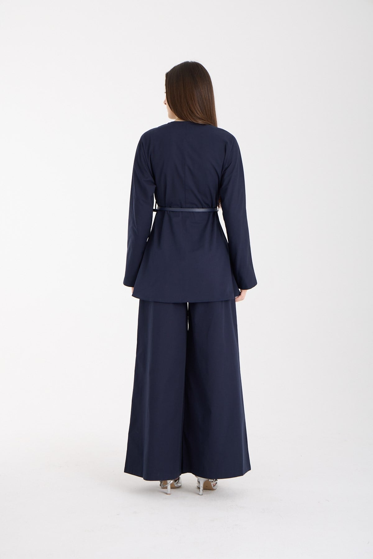 Lacivert Premium Kemerli Bluz ve Pantolon Takım