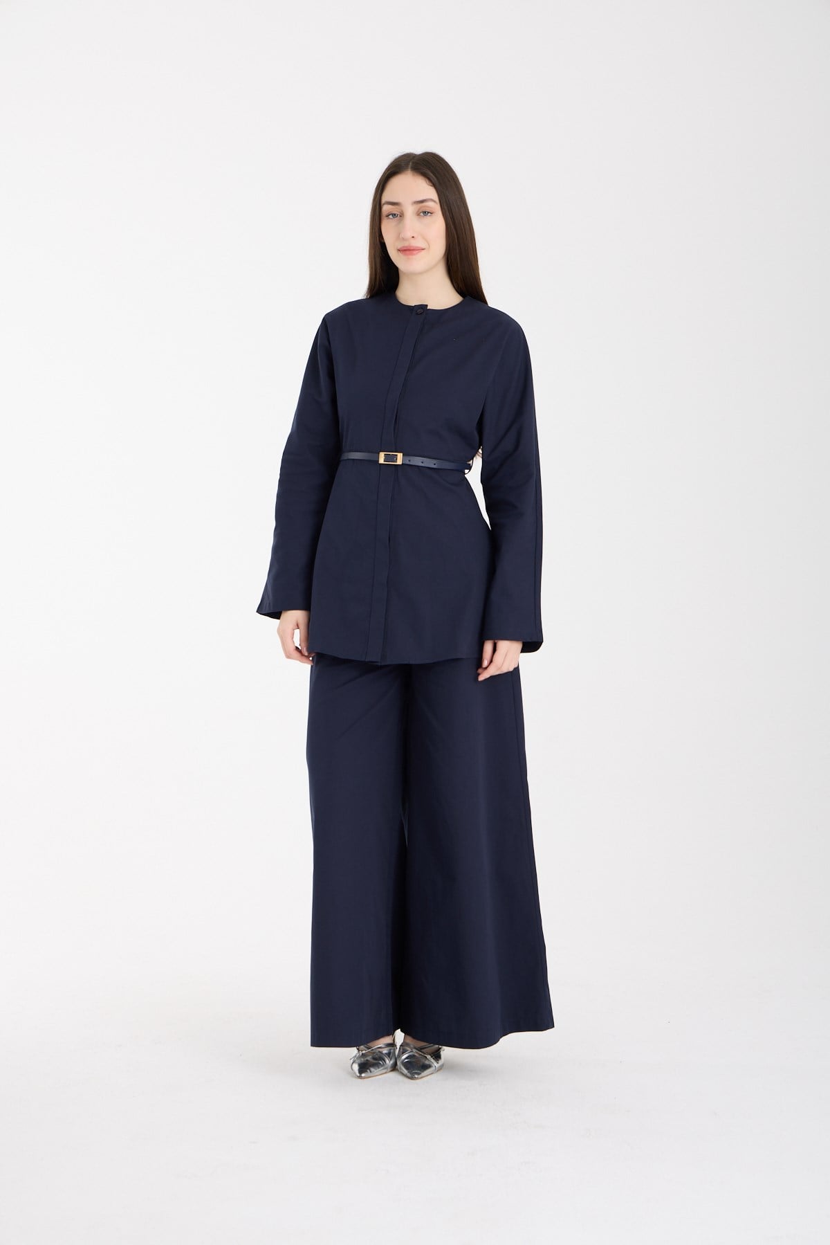 Lacivert Premium Kemerli Bluz ve Pantolon Takım