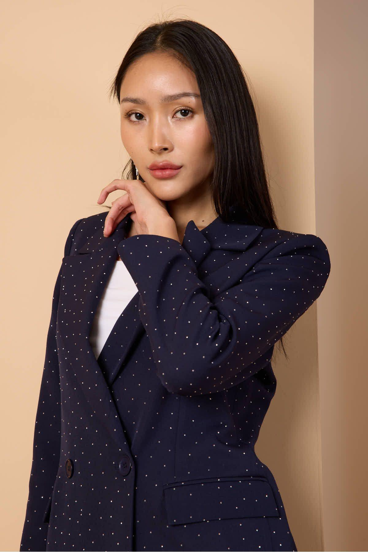 Lacivert Regular Dokuma Astarlı Taş Detaylı Blazer Ceket