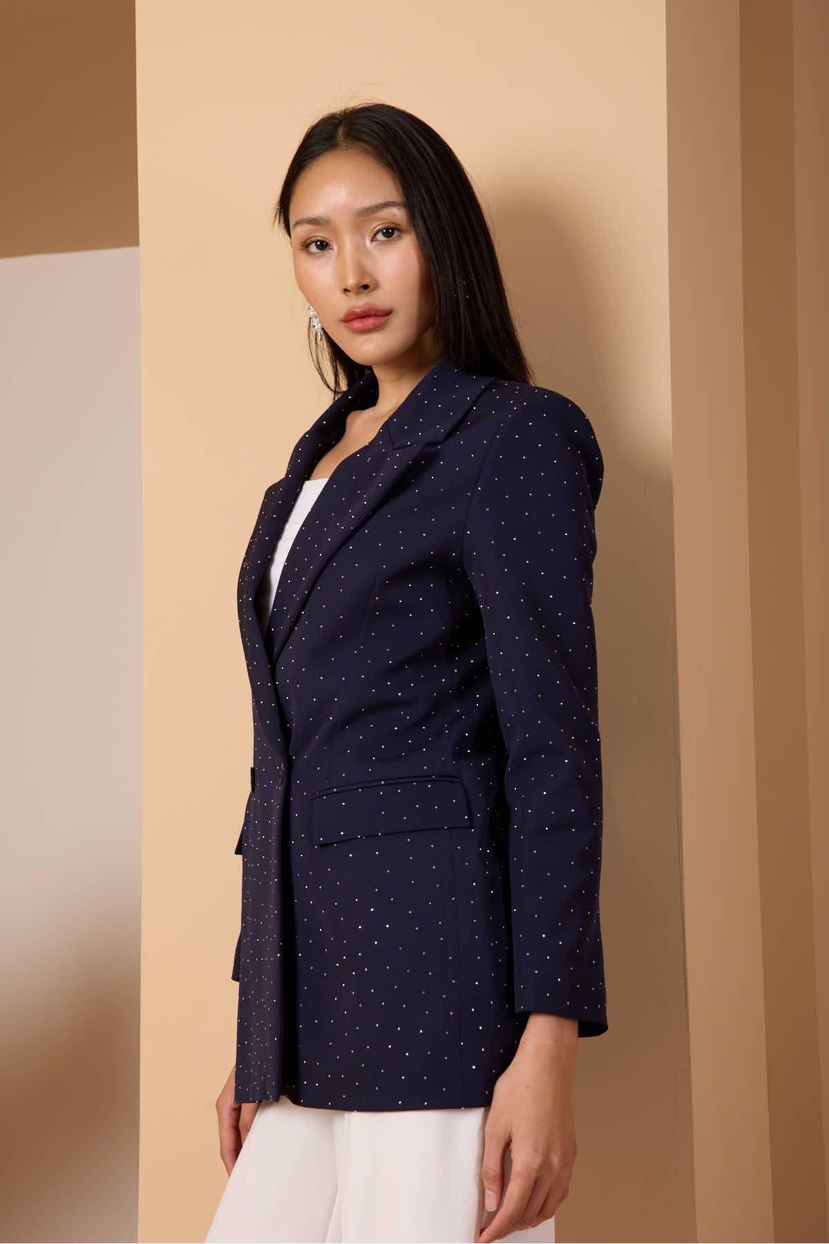 Lacivert Regular Dokuma Astarlı Taş Detaylı Blazer Ceket