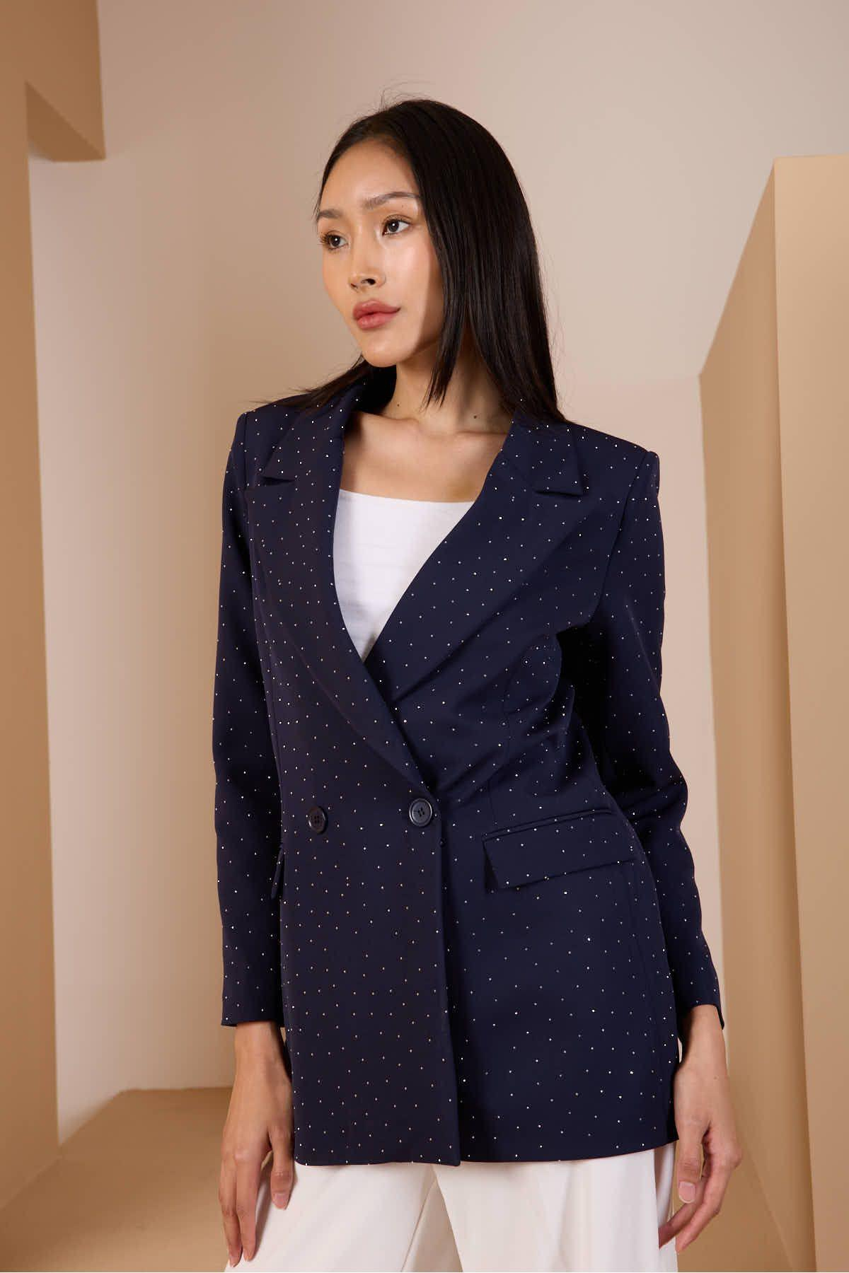 Lacivert Regular Dokuma Astarlı Taş Detaylı Blazer Ceket