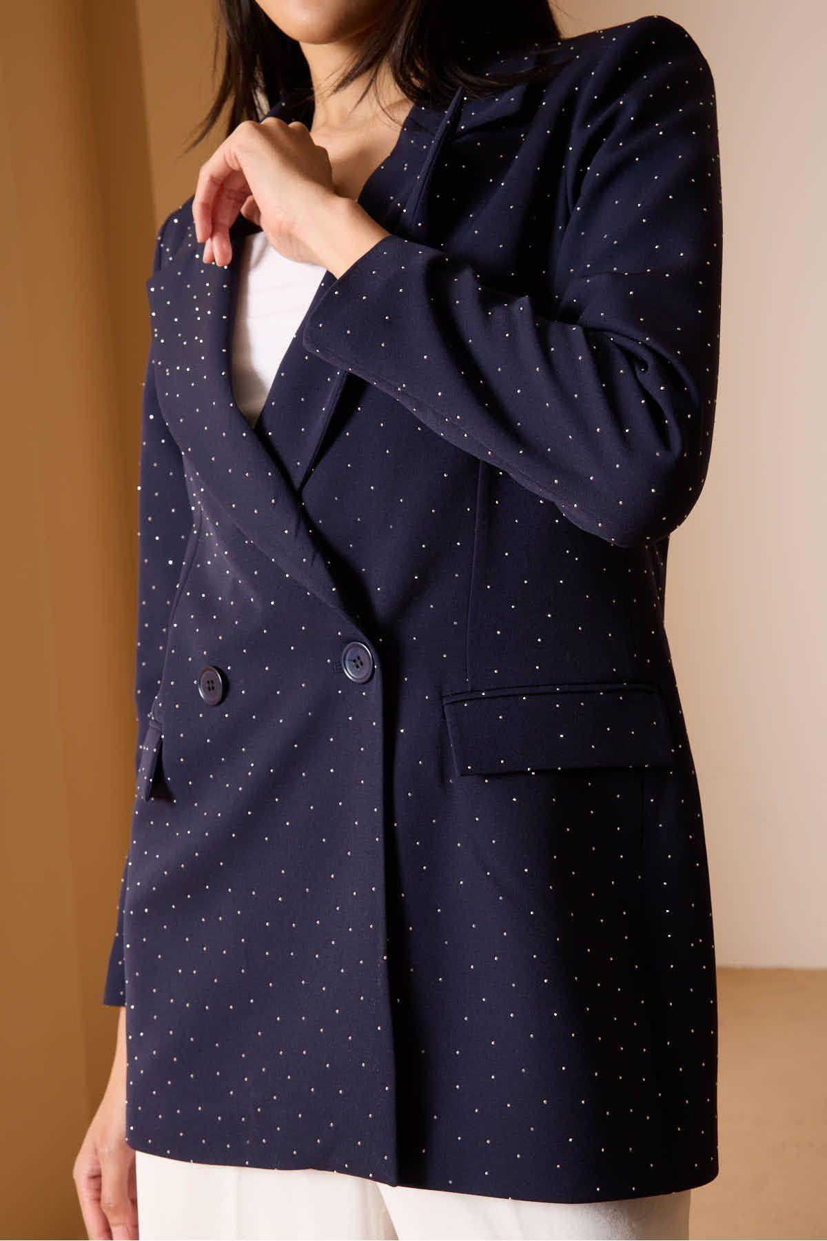 Lacivert Regular Dokuma Astarlı Taş Detaylı Blazer Ceket
