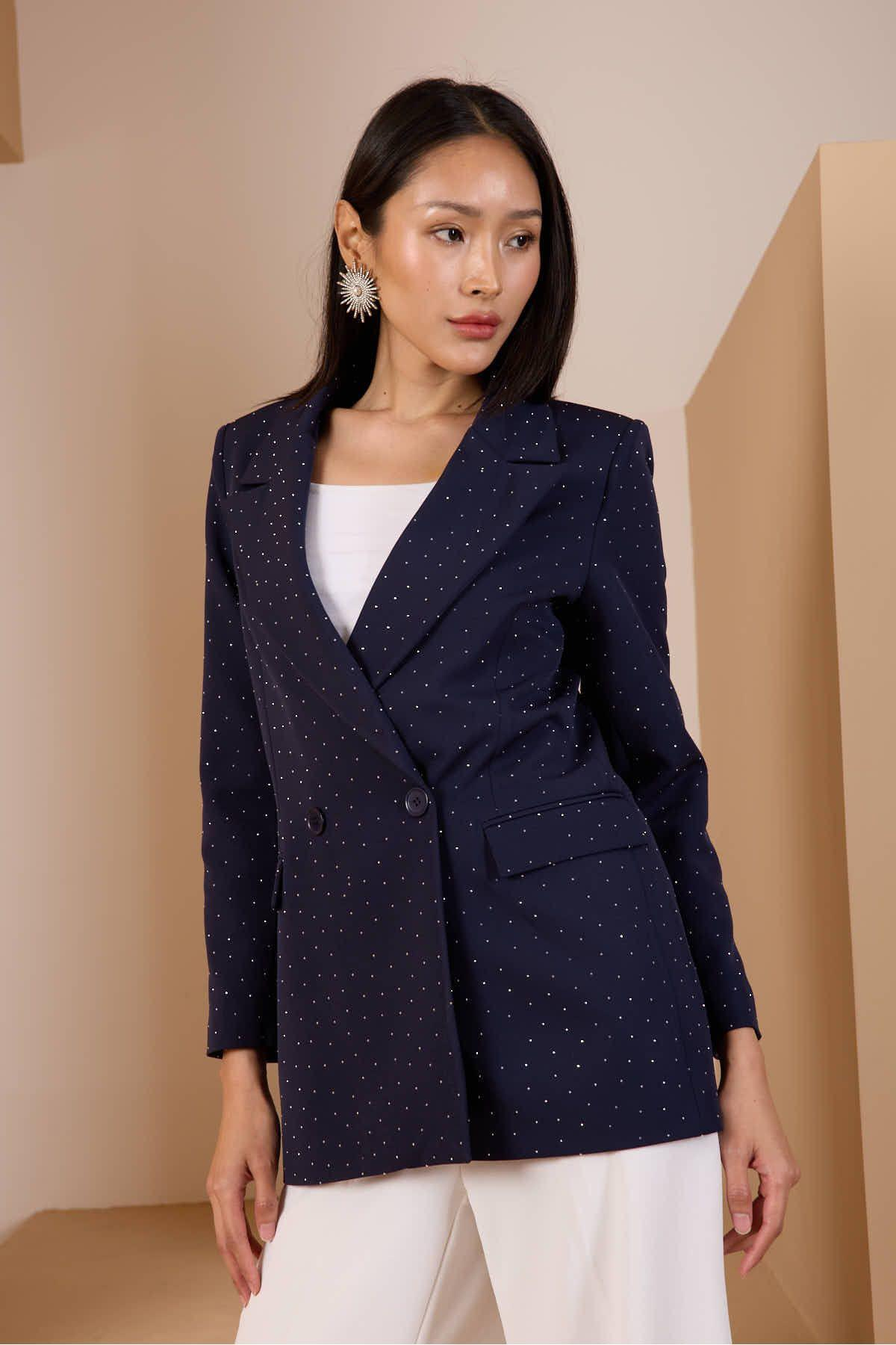 Lacivert Regular Dokuma Astarlı Taş Detaylı Blazer Ceket