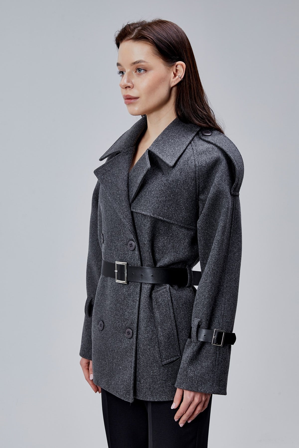 Lina Antrasit Regular Fit Premium Kemerli Kaşe Ceket