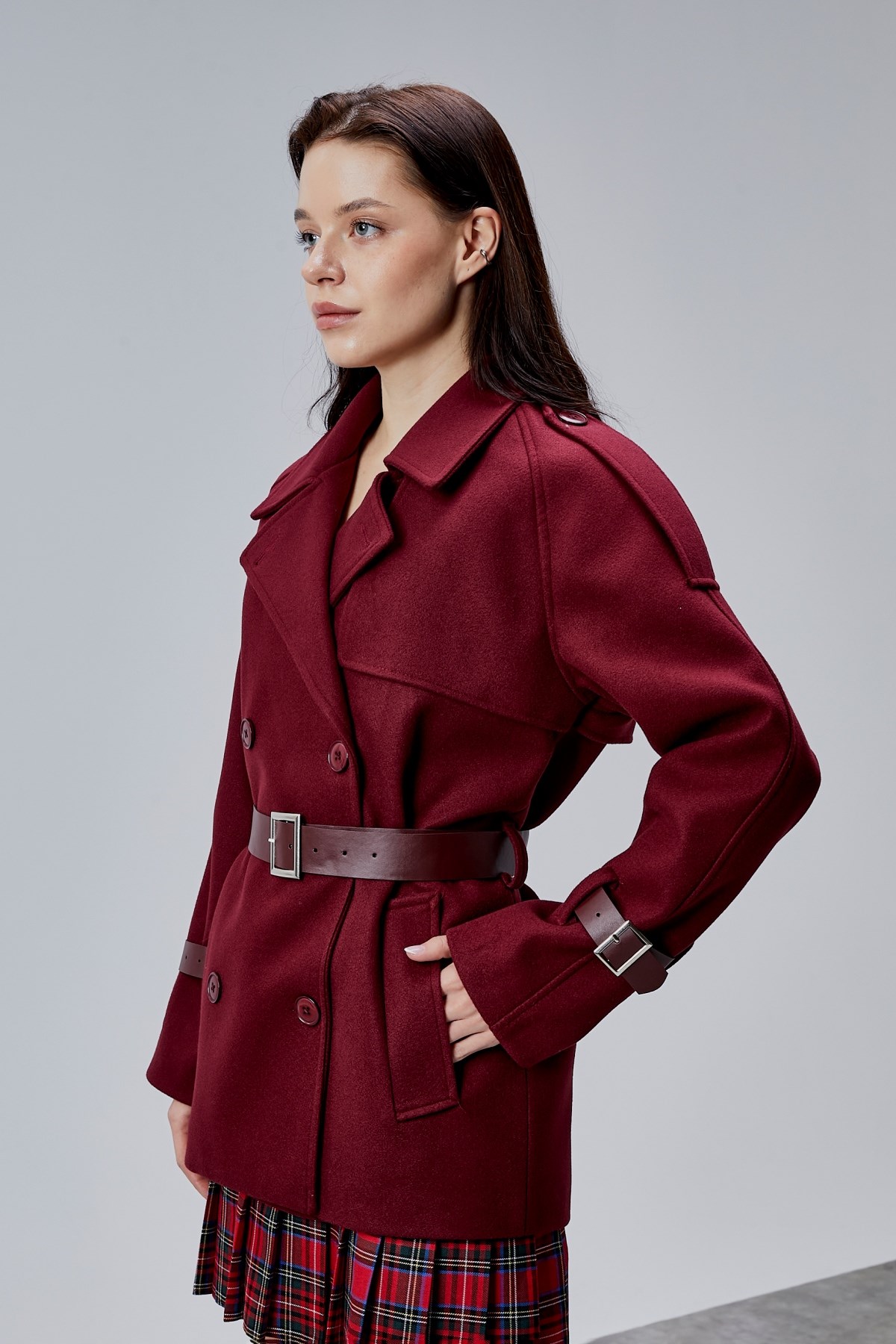Lina Bordo Regular Fit Premium Kemerli Kaşe Ceket