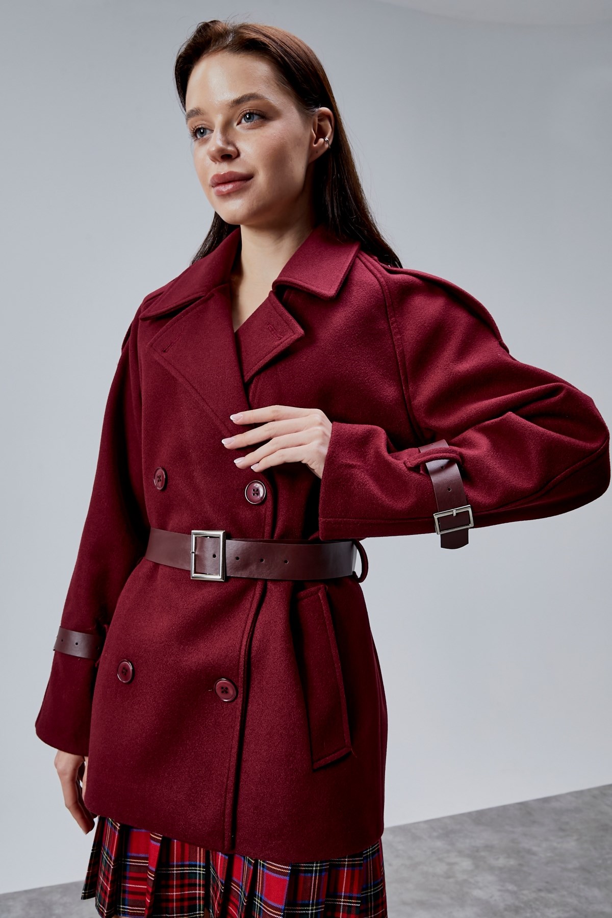 Lina Bordo Regular Fit Premium Kemerli Kaşe Ceket
