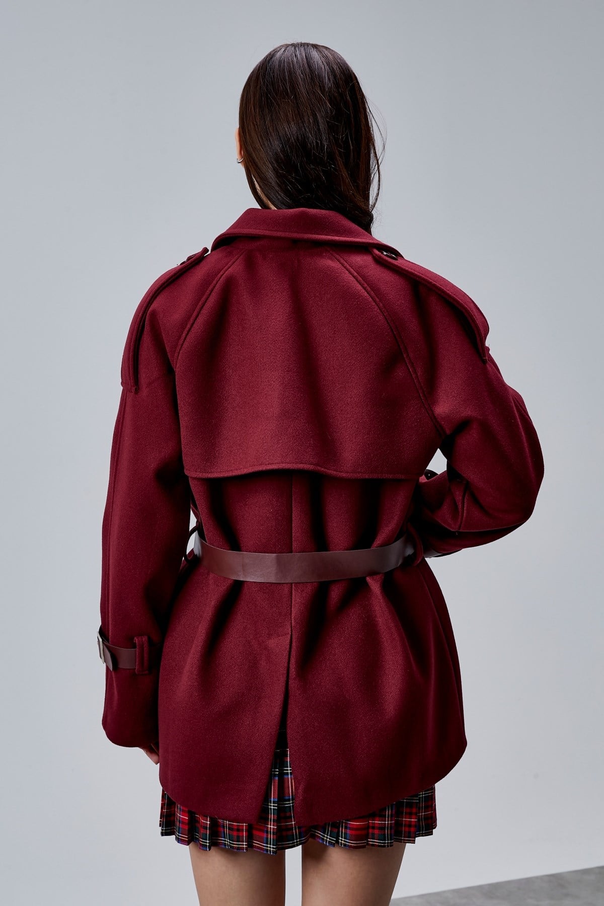 Lina Bordo Regular Fit Premium Kemerli Kaşe Ceket