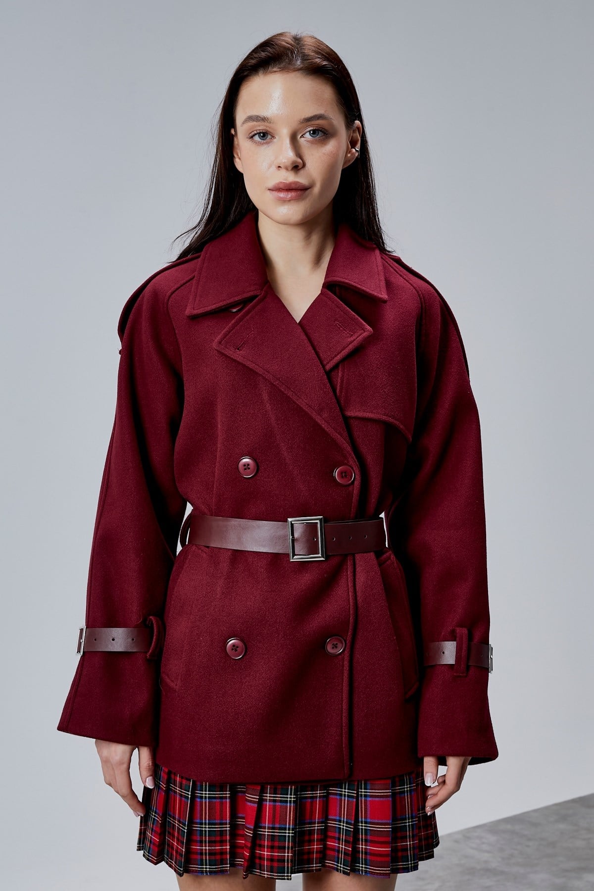 Lina Bordo Regular Fit Premium Kemerli Kaşe Ceket