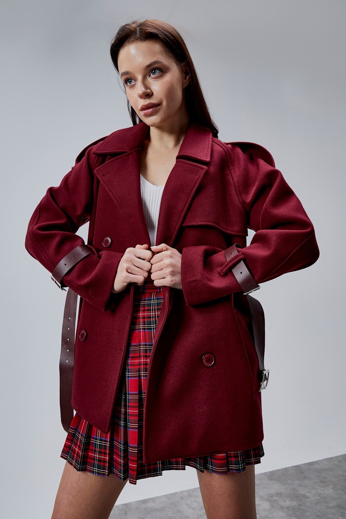 Lina Bordo Regular Fit Premium Kemerli Kaşe Ceket