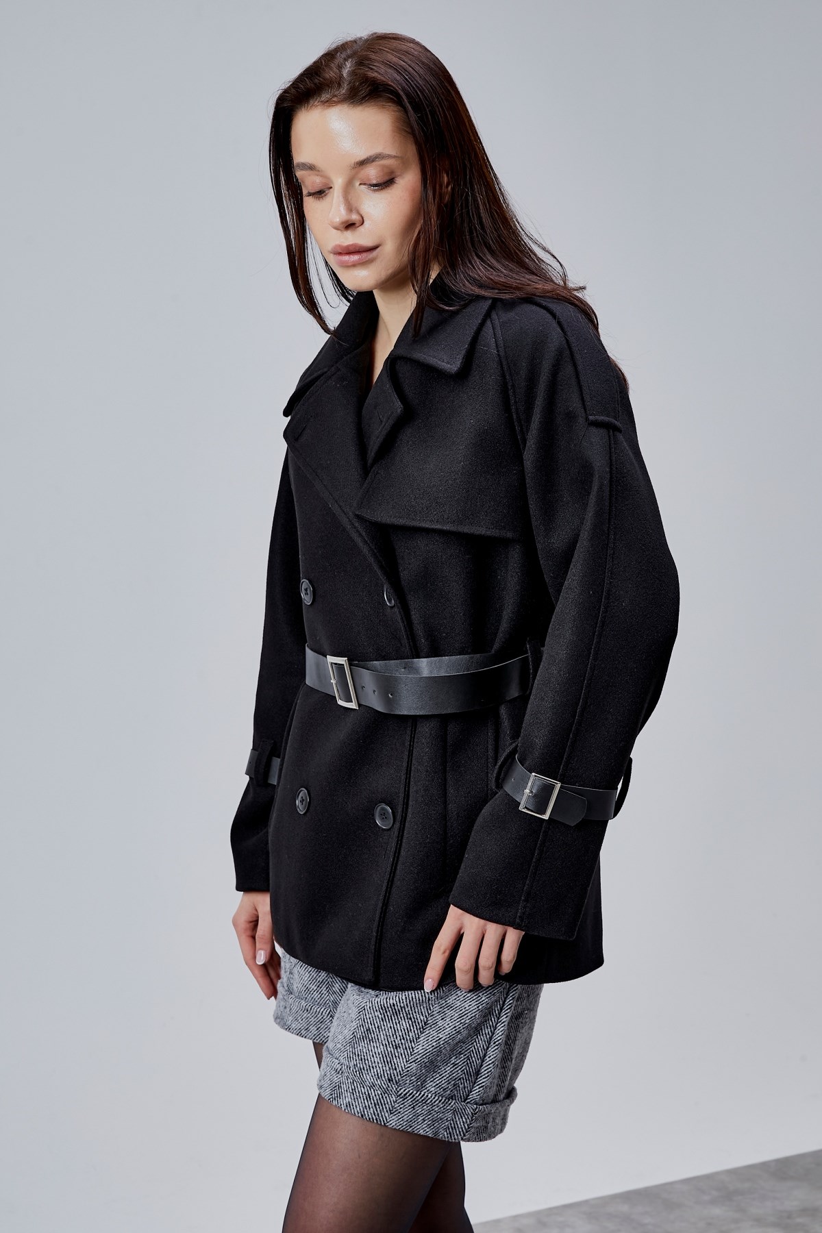 Lina Siyah Regular Fit Premium Kemerli Kaşe Ceket