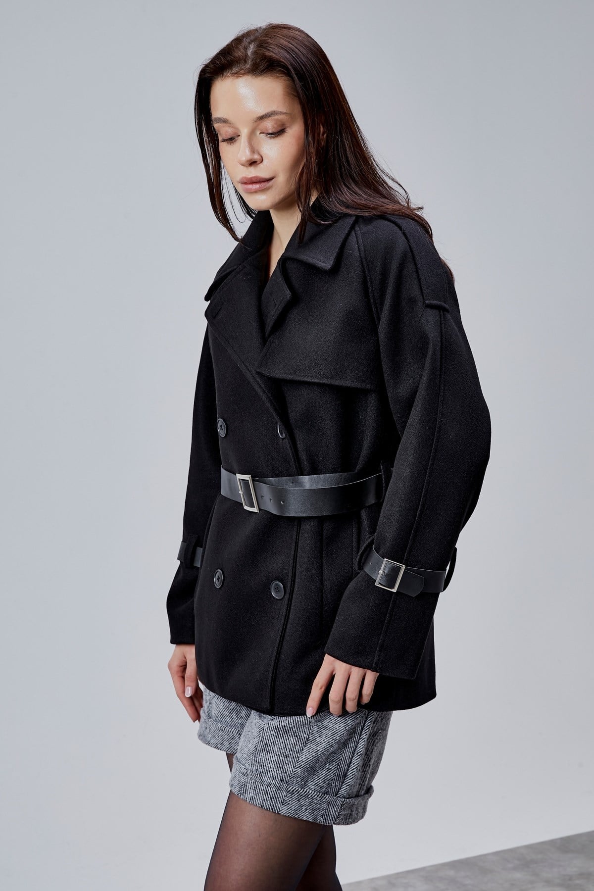 Lina Siyah Regular Fit Premium Kemerli Kaşe Ceket
