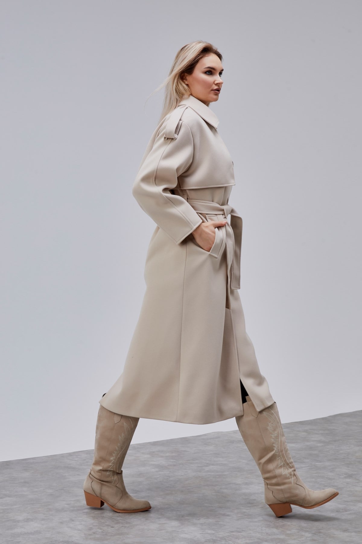 Marvella Bej Premium Apoletli Rüzgarlık Detaylı Kaşe Kaban