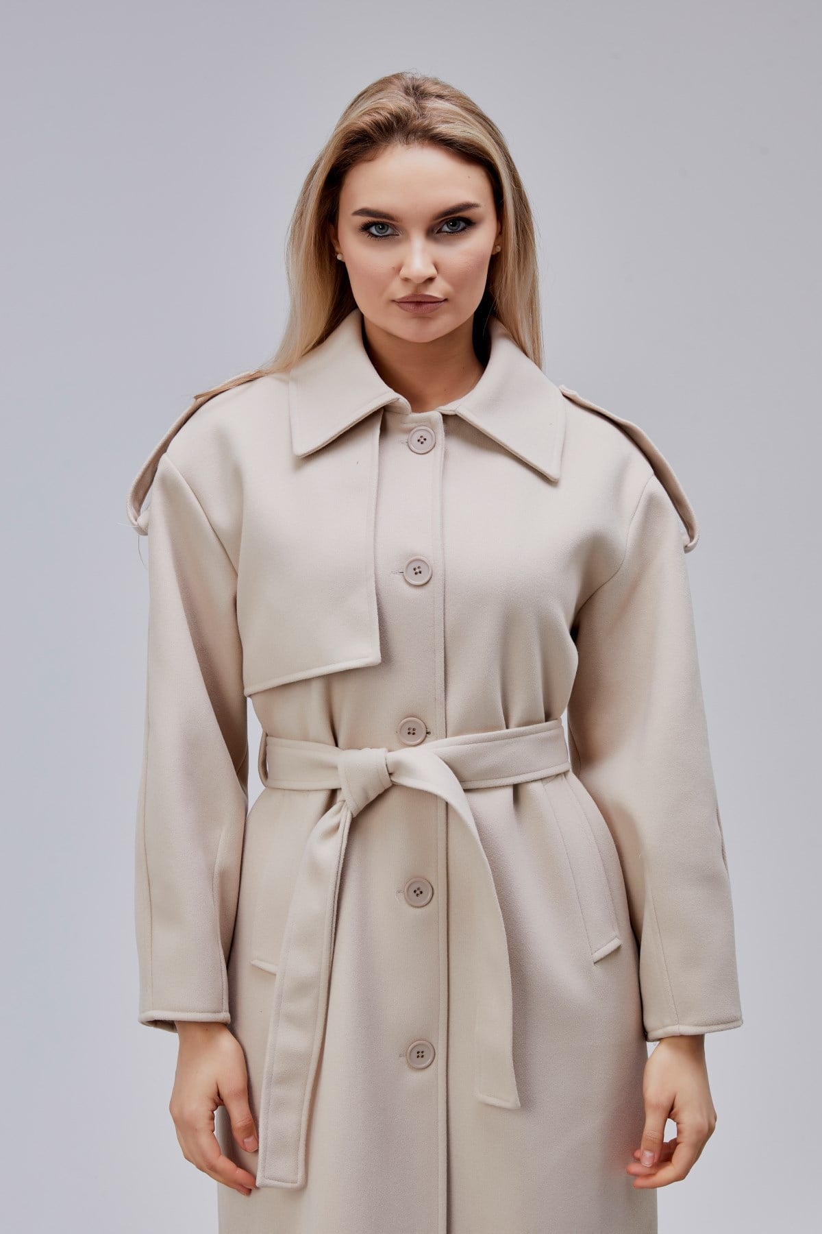 Marvella Bej Premium Apoletli Rüzgarlık Detaylı Kaşe Kaban