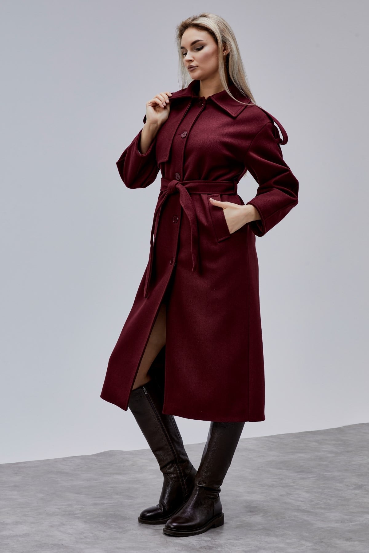 Marvella Bordo Premium Apoletli Rüzgarlık Detaylı Kaşe Kaban