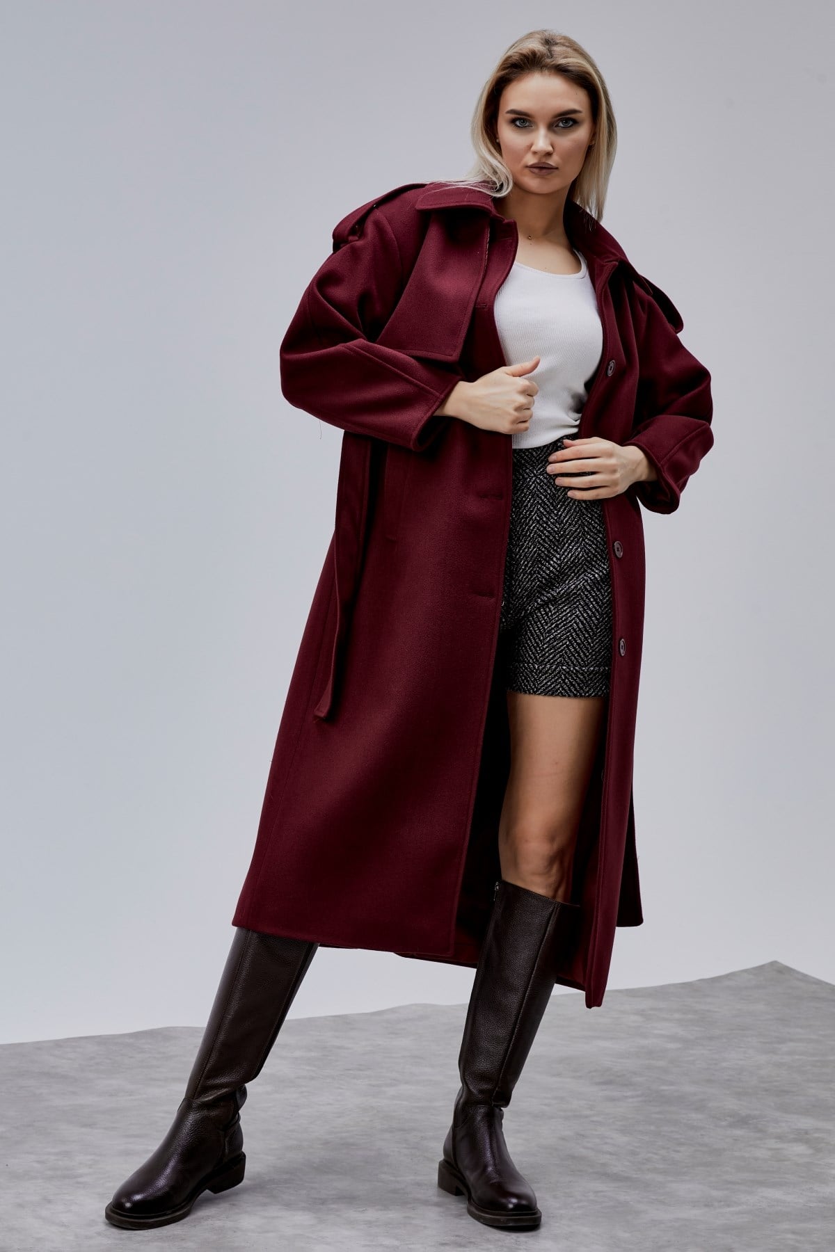 Marvella Bordo Premium Apoletli Rüzgarlık Detaylı Kaşe Kaban