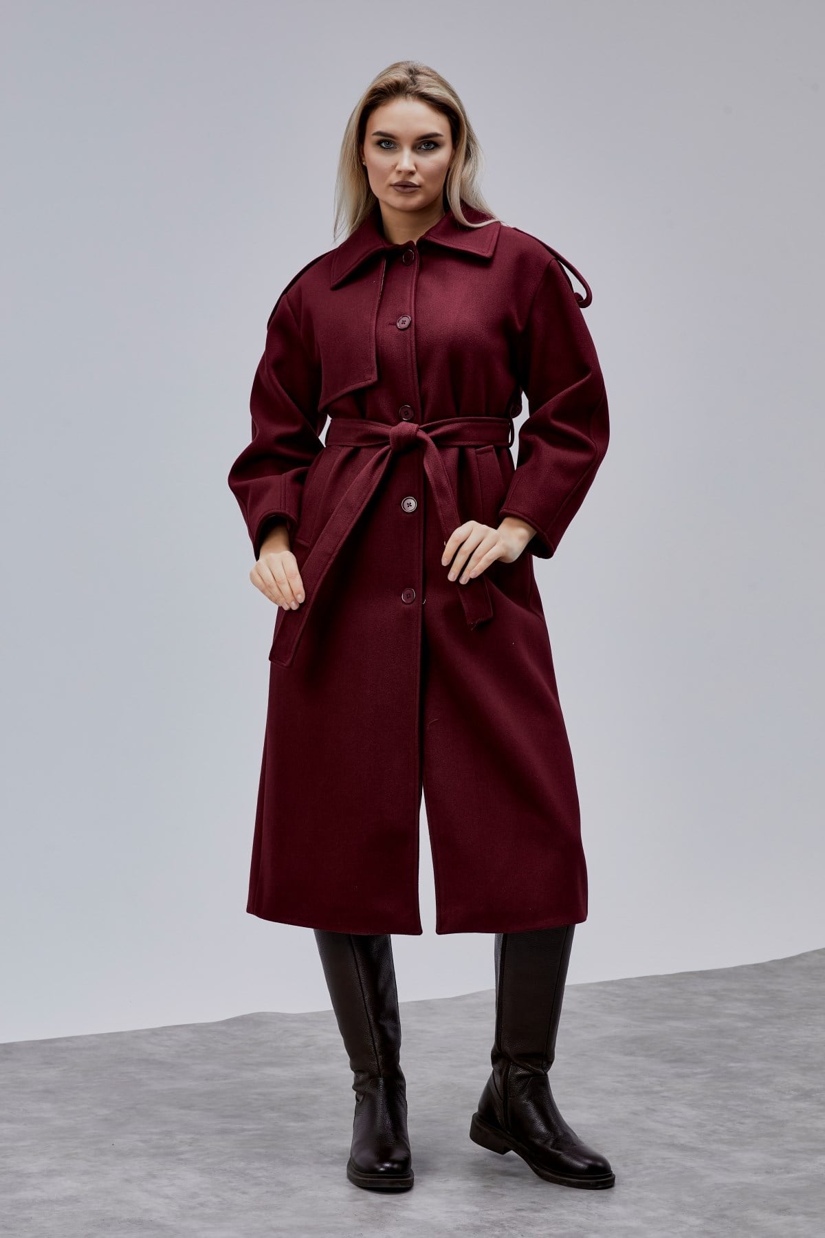 Marvella Bordo Premium Apoletli Rüzgarlık Detaylı Kaşe Kaban